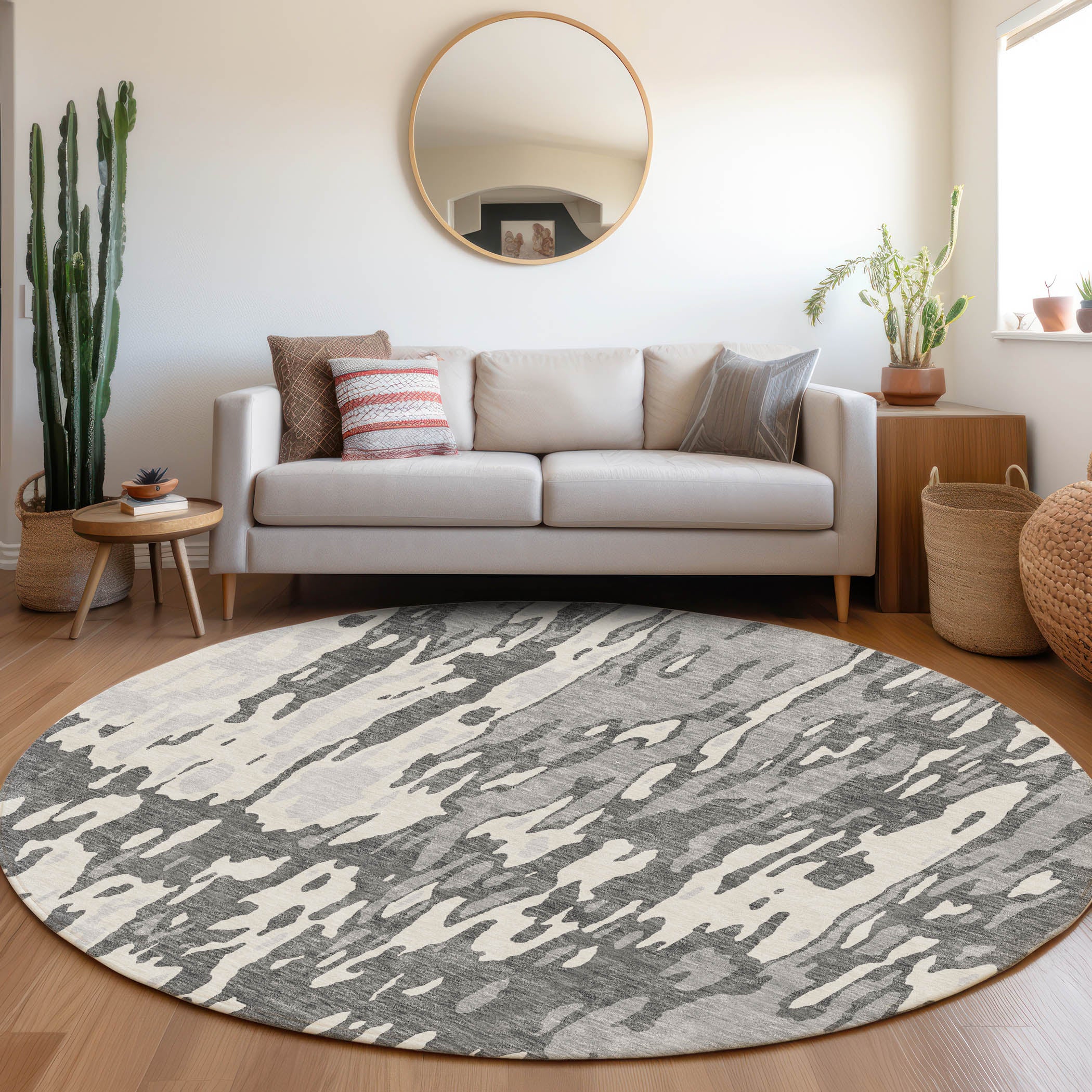 Seoul Machine Washable Transitional Gray Rug 8' x 8' #shape_Round