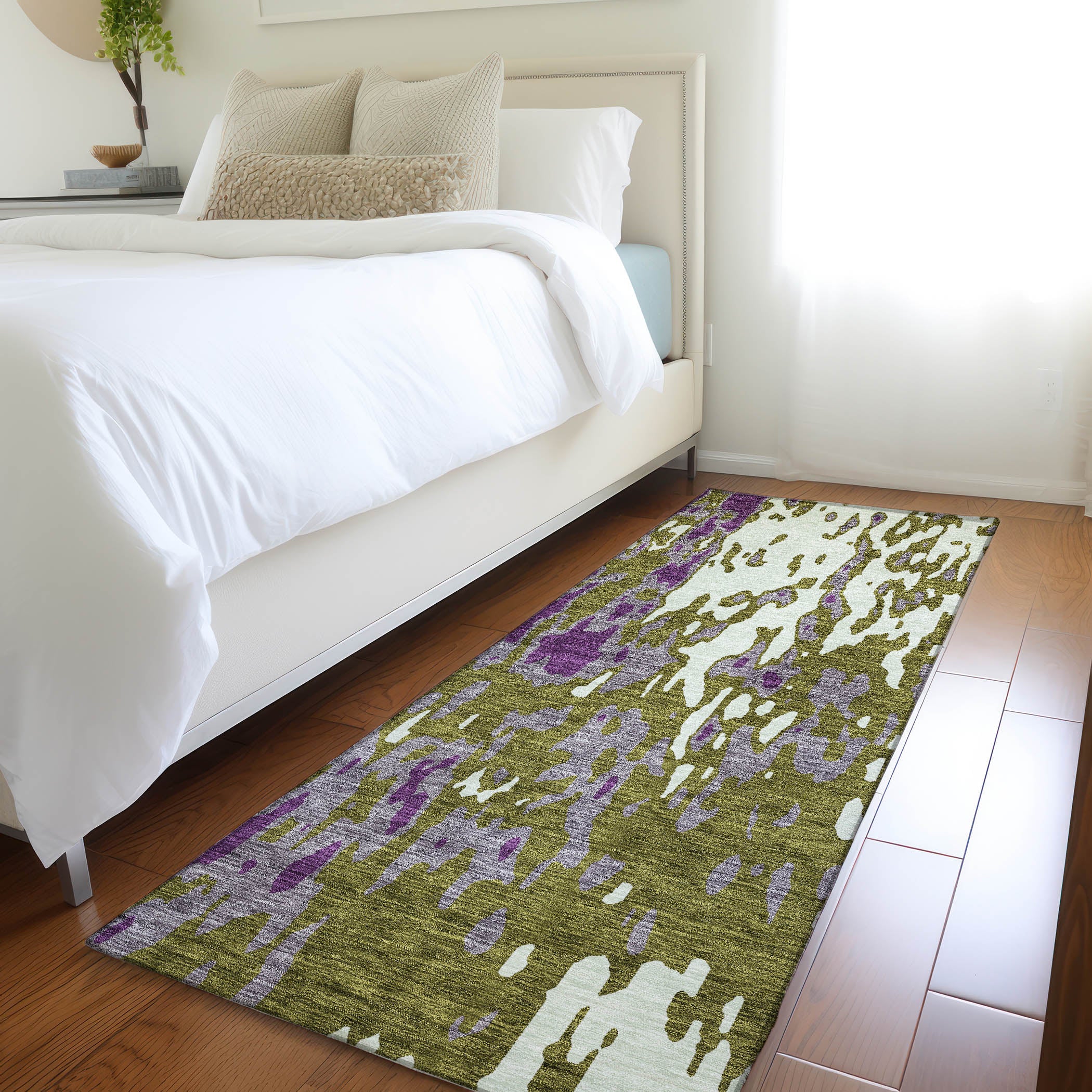 Seoul Machine Washable Transitional Olive Green Rug 2'3" x 7'6" #shape_Runner