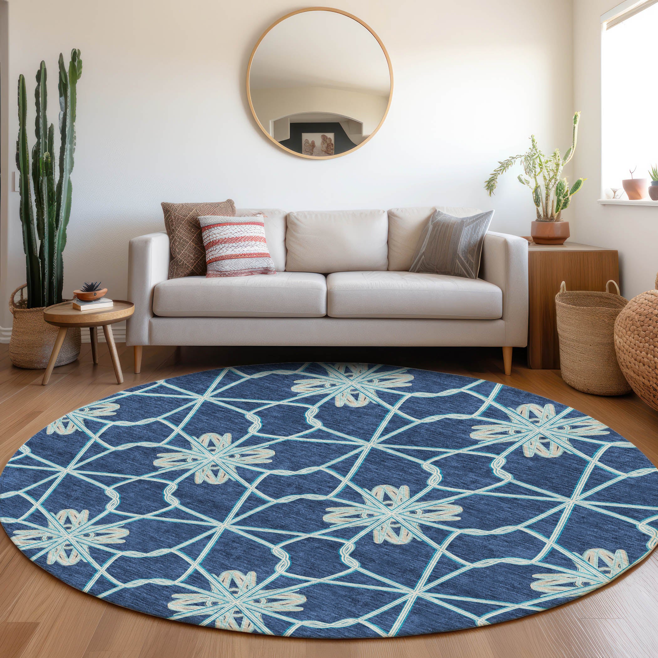 Salzburg Machine Washable Transitional Navy Blue Rug 8' x 8' #shape_Round
