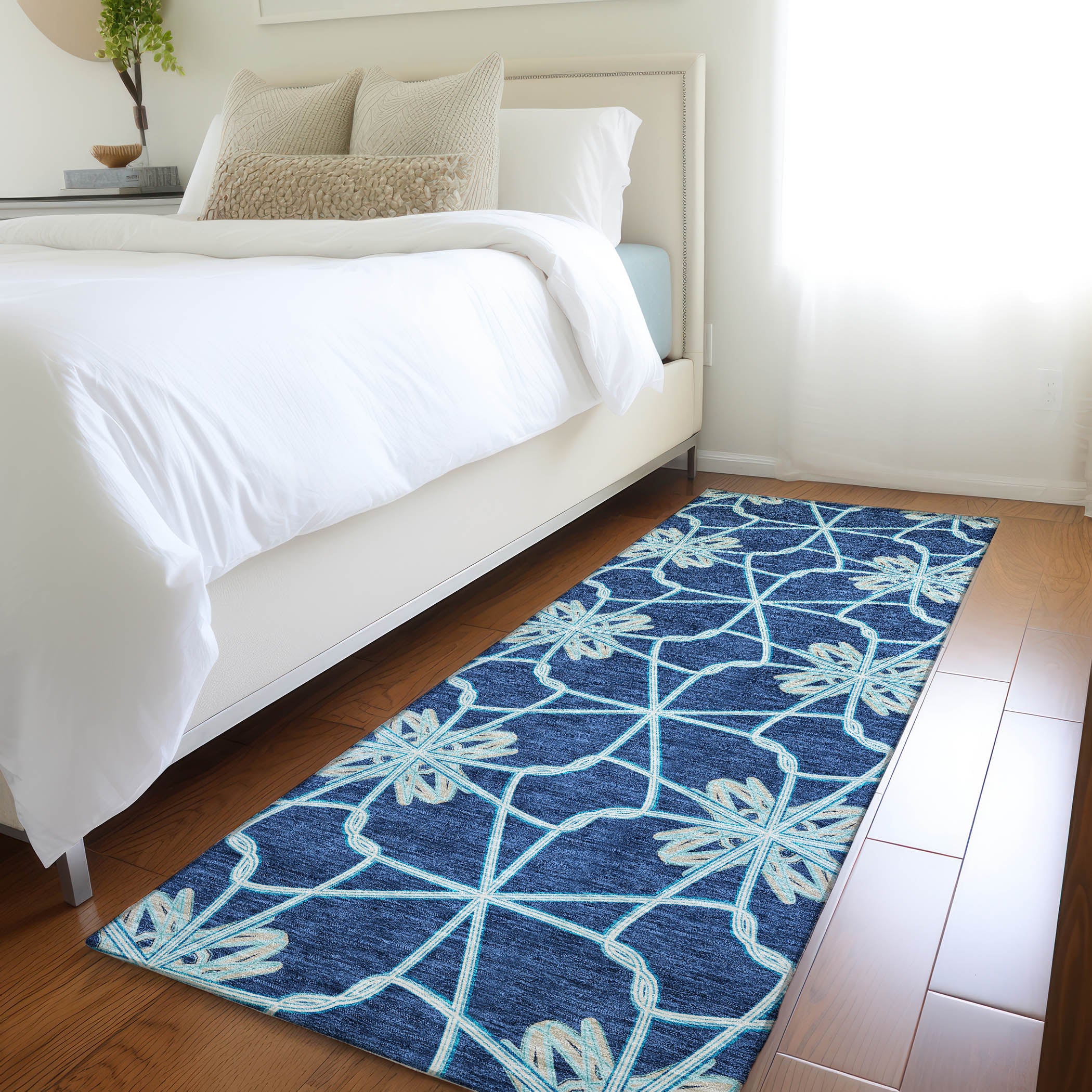 Salzburg Machine Washable Transitional Navy Blue Rug 2'3" x 7'6" #shape_Runner