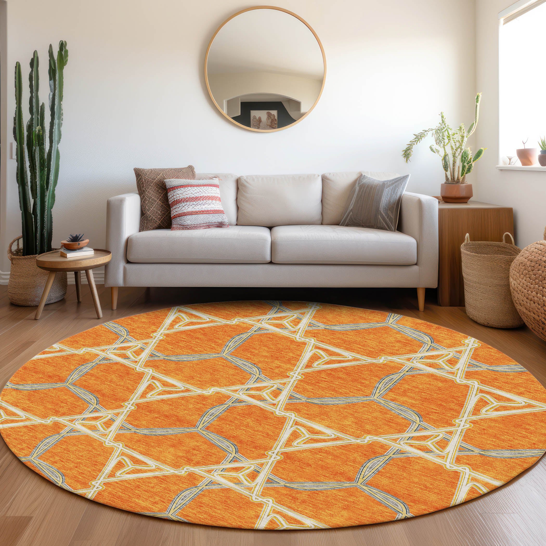 Cusco Machine Washable Transitional Orange Rug 8' x 8' #shape_Round
