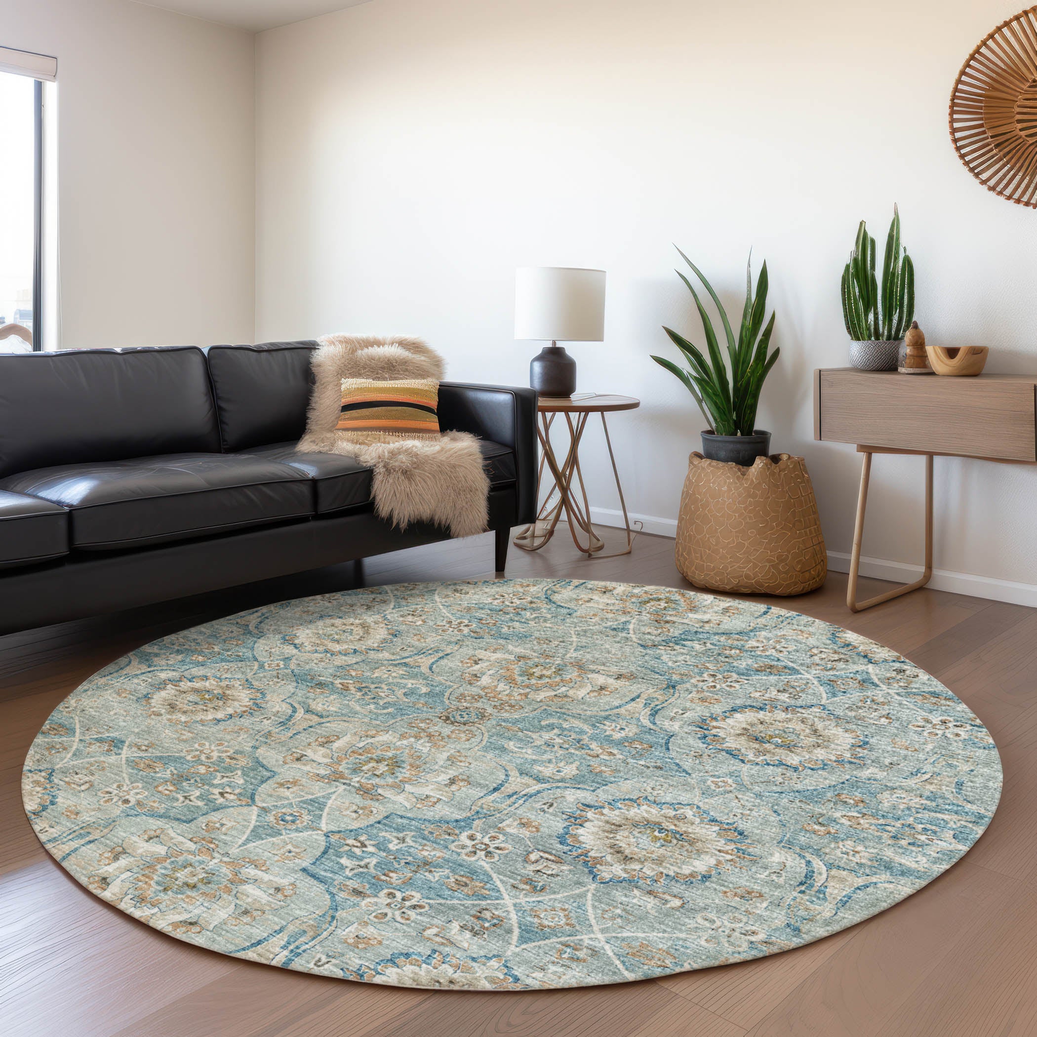 Split Machine Washable Traditional Peacock Blue Rug 8' x 8' #shape_Round
