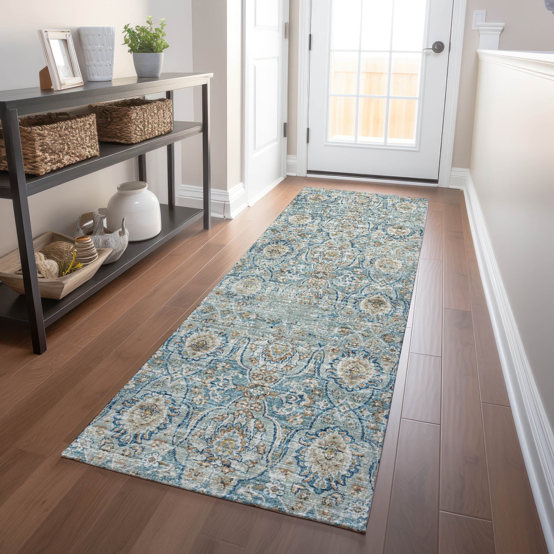 Split Machine Washable Traditional Peacock Blue Rug 2'3" x 7'6" #shape_Runner