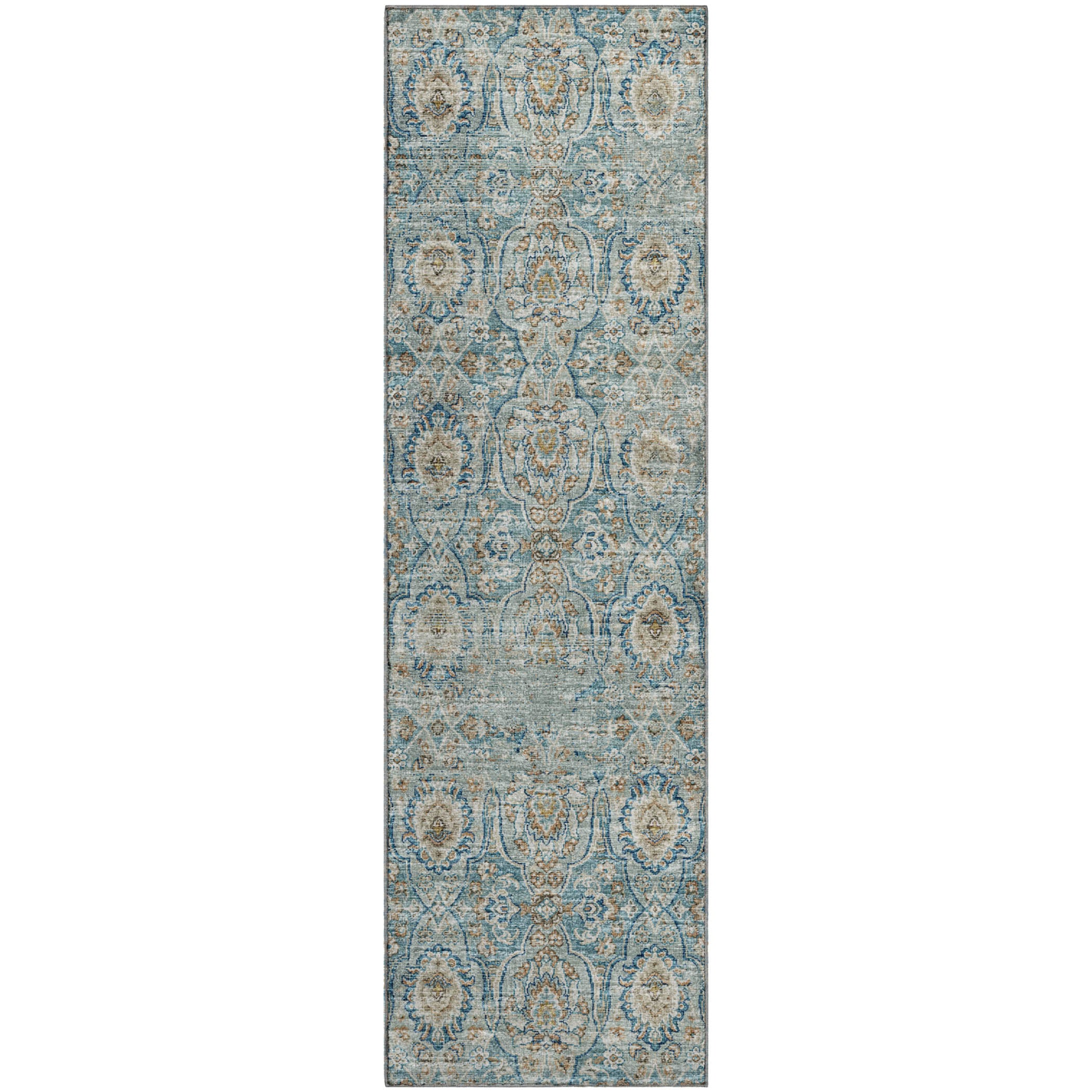 Split Machine Washable Traditional Peacock Blue Rug 2'3" x 7'6" #shape_Runner