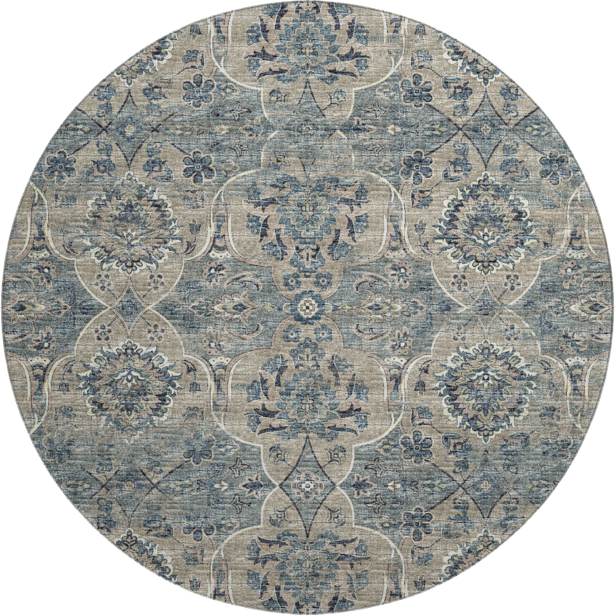 Split Machine Washable Traditional River Blue Rug 8' x 8' #shape_Round