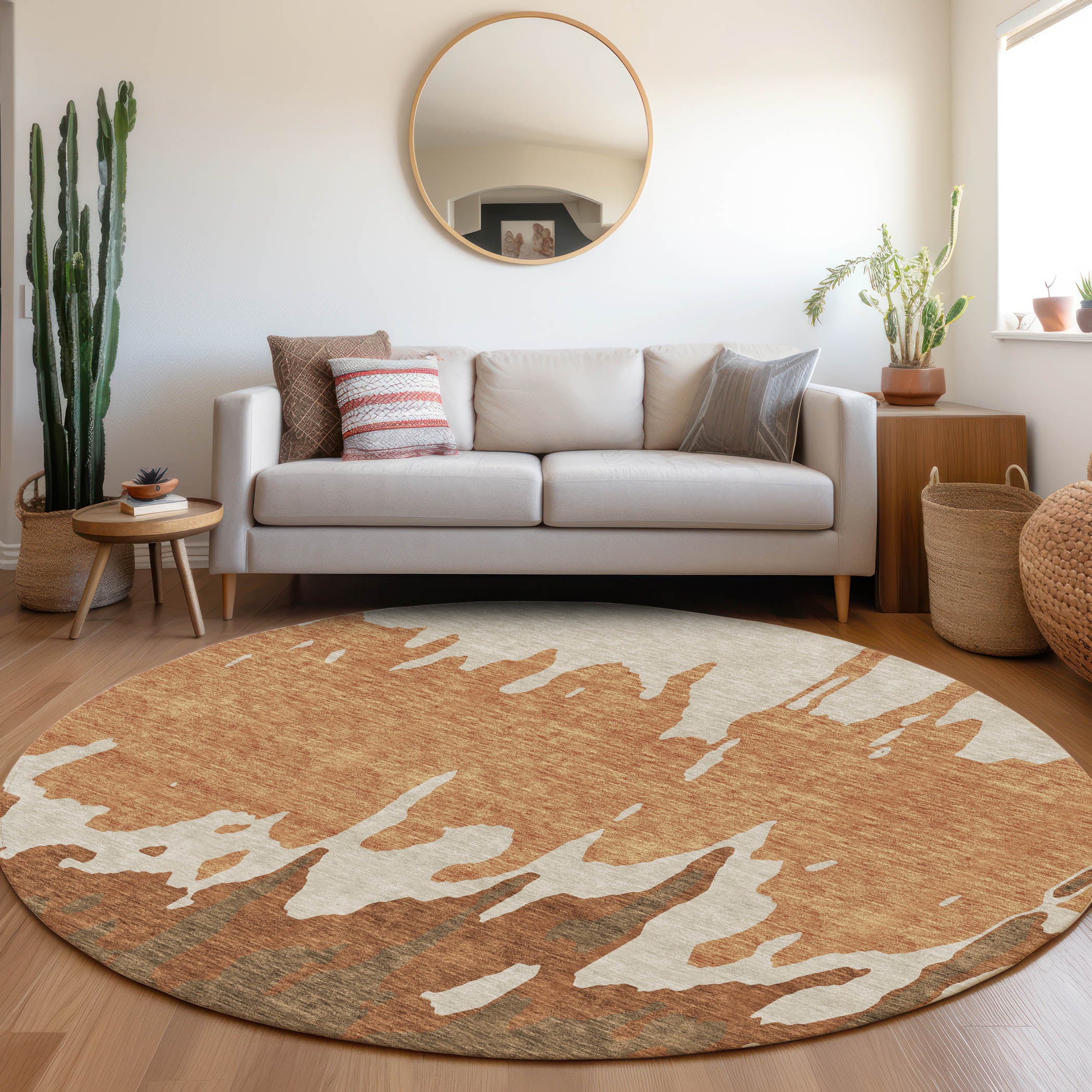 Seville Machine Washable Transitional Paprika Orange Rug 8' x 8' #shape_Round