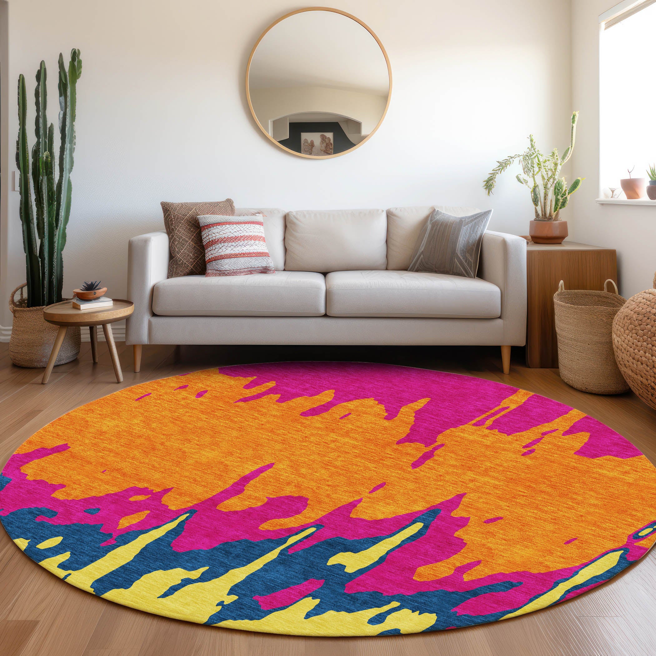 Seville Machine Washable Transitional Pink Rug 8' x 8' #shape_Round