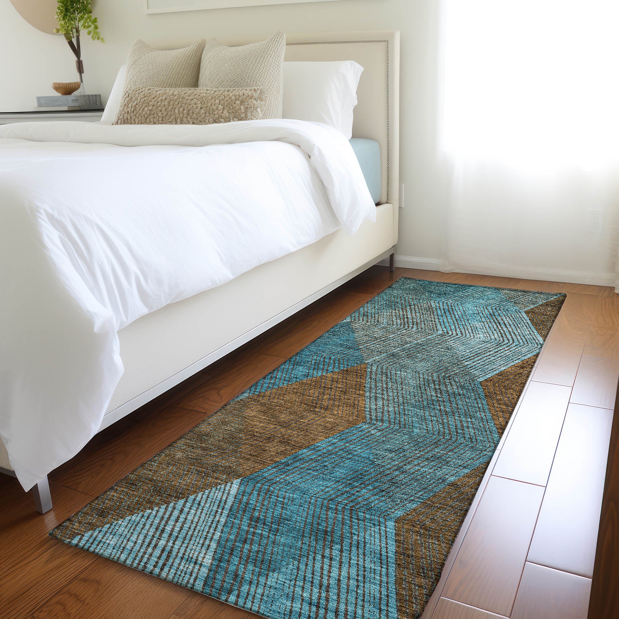 Seville Machine Washable Transitional Teal Rug 2'3" x 7'6" #shape_Runner