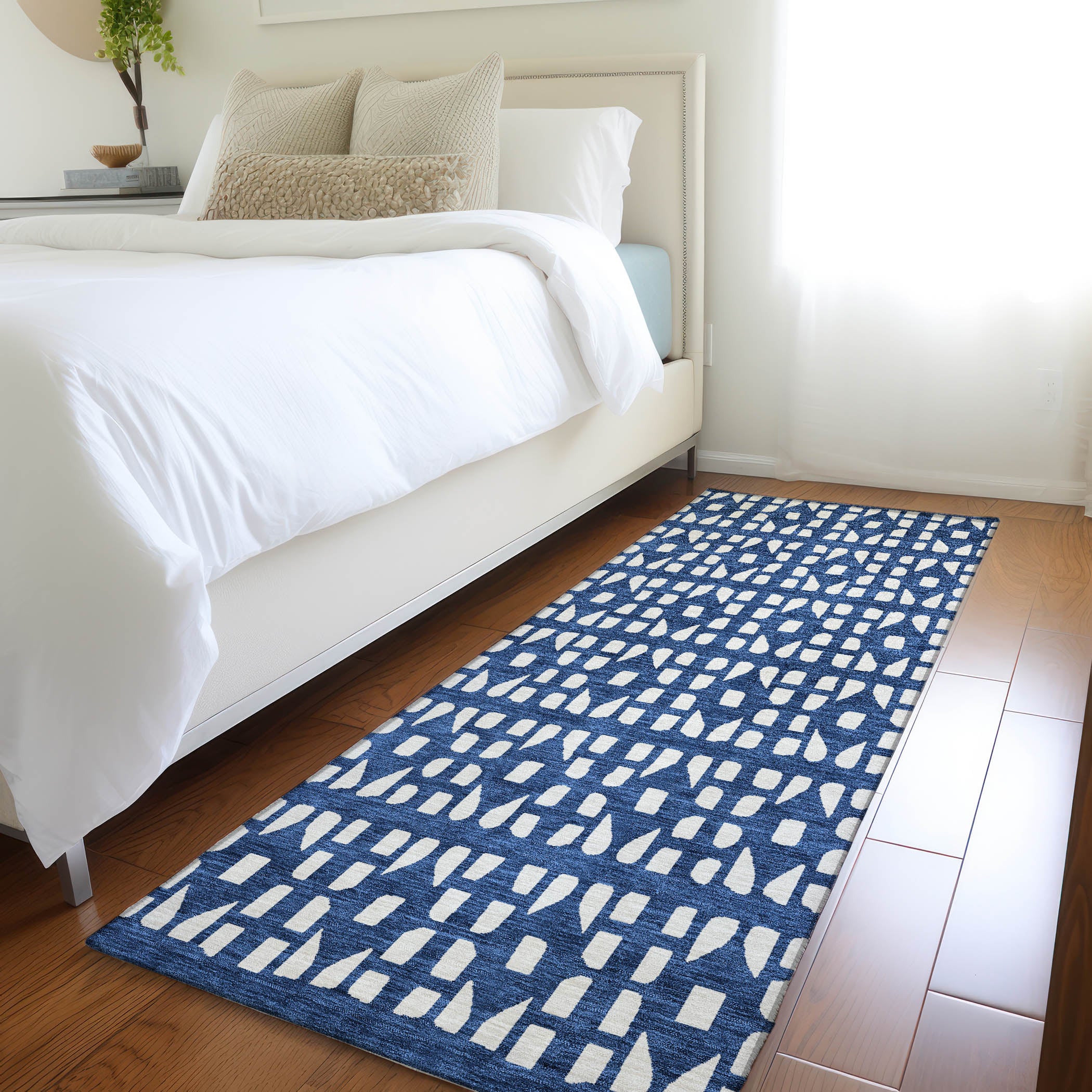Kathmandu Machine Washable Transitional Navy Blue Rug 2'3" x 7'6" #shape_Runner