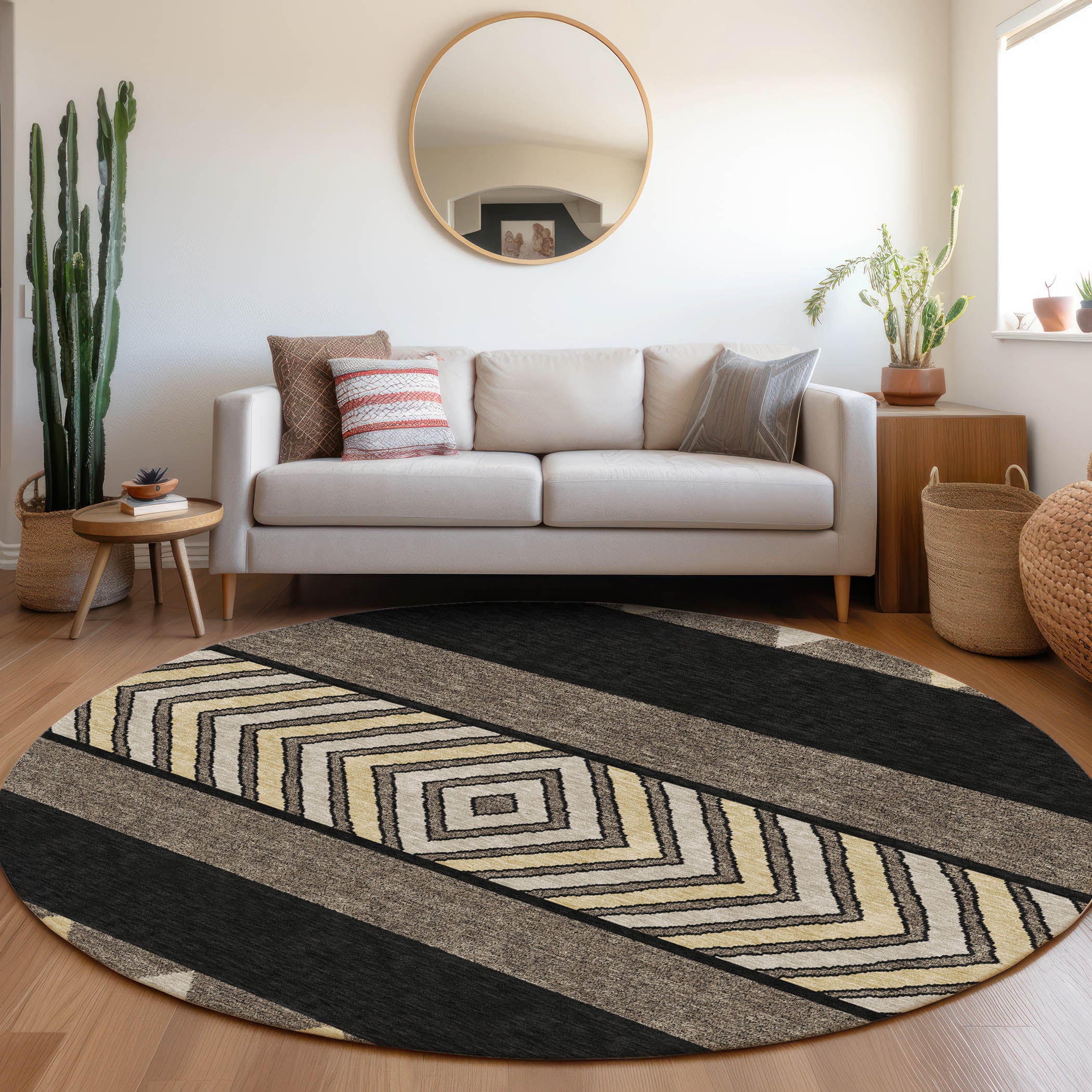 Kotor Machine Washable Transitional Black Rug 8' x 8' #shape_Round