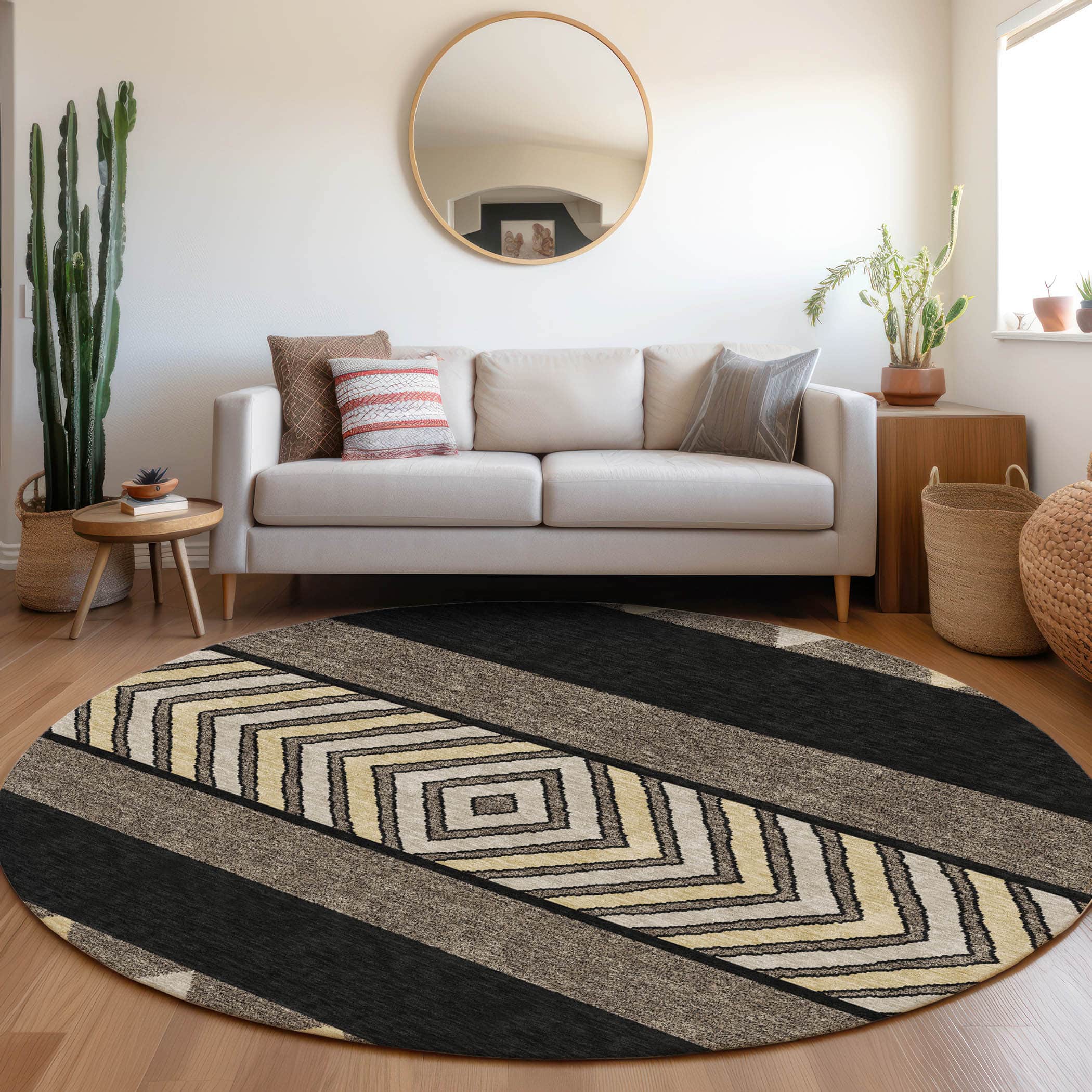 Kotor Machine Washable Transitional Black Rug 8' x 8' #shape_Round