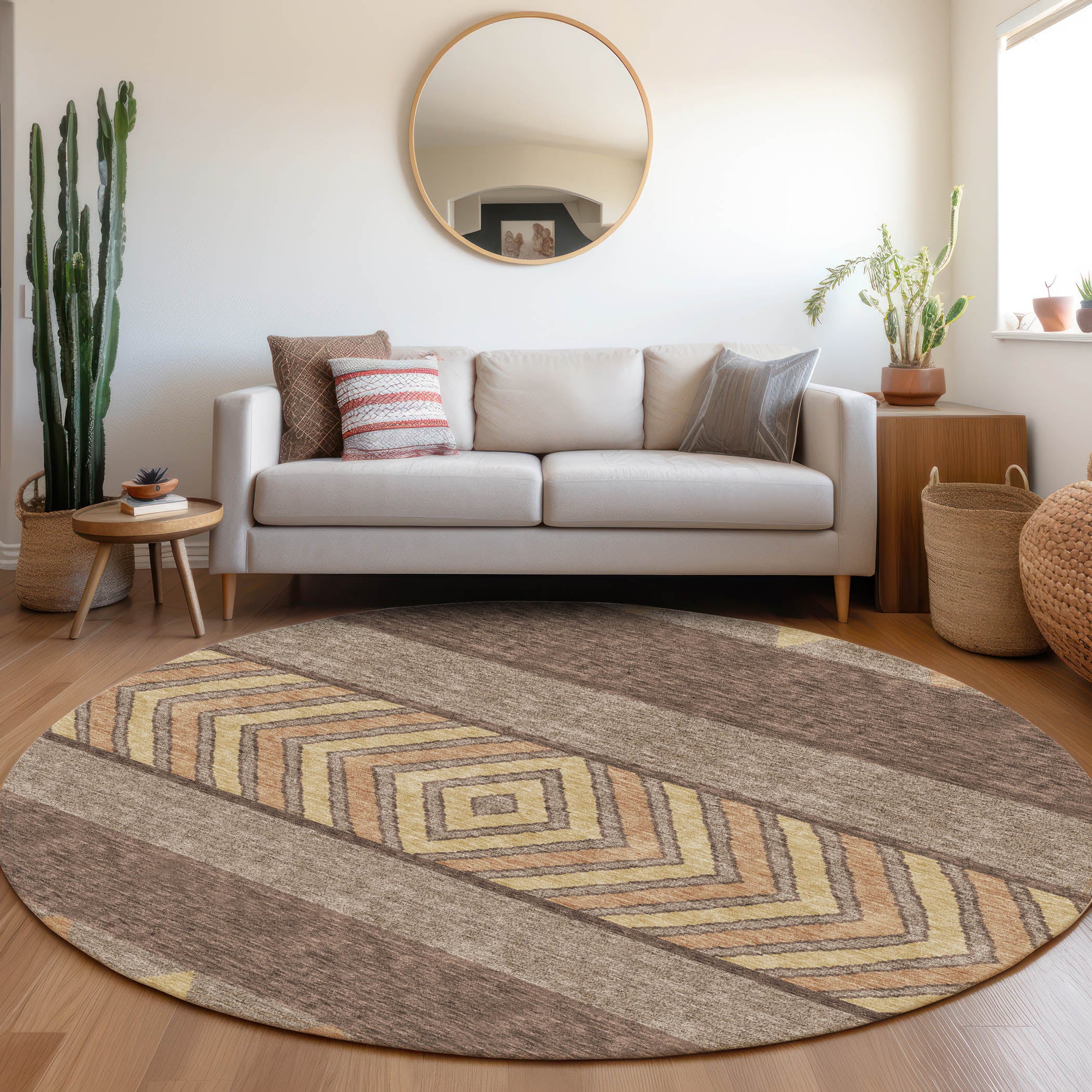 Kotor Machine Washable Transitional Brown Rug 8' x 8' #shape_Round