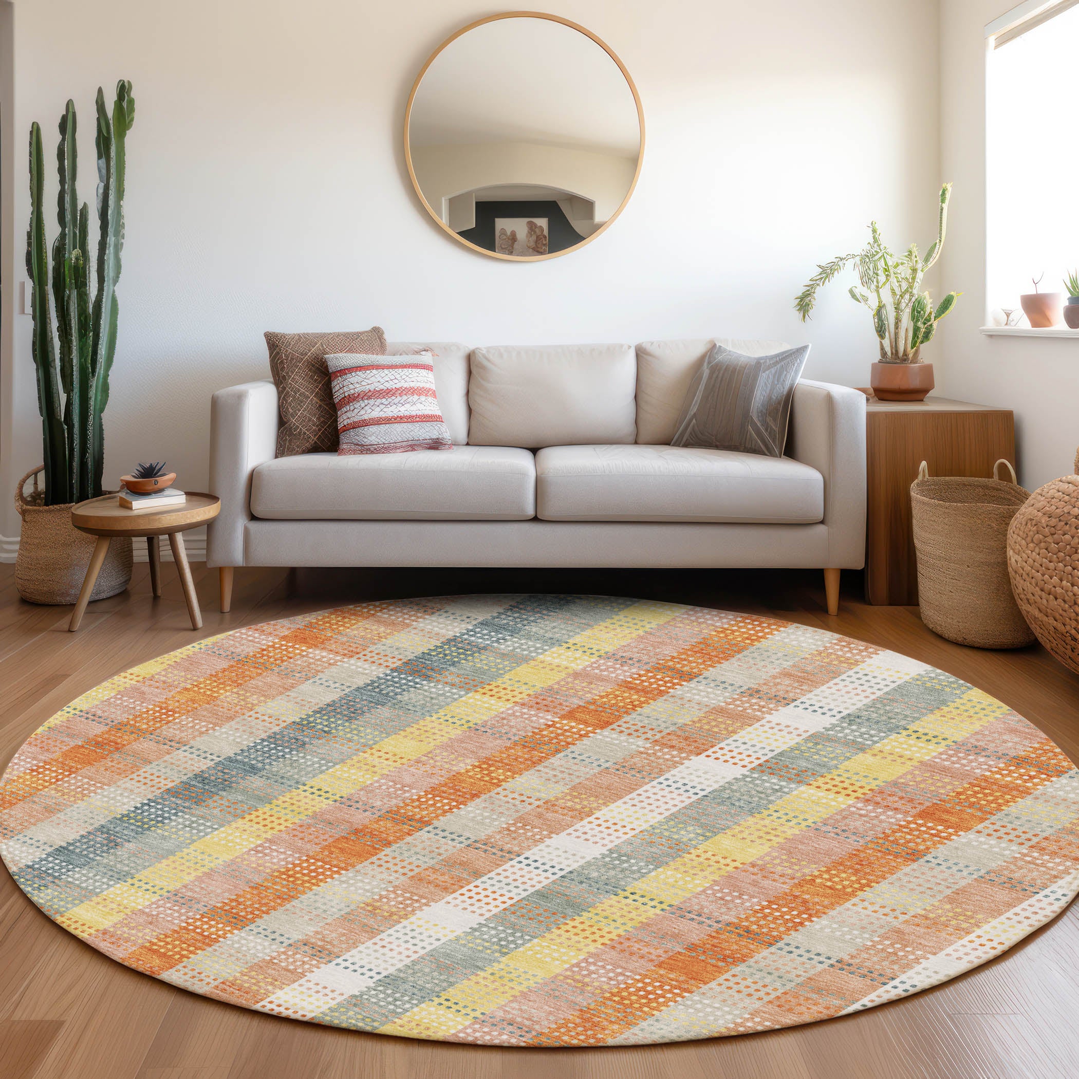 Lisbon Machine Washable Transitional Peach Orange Rug 8' x 8' #shape_Round