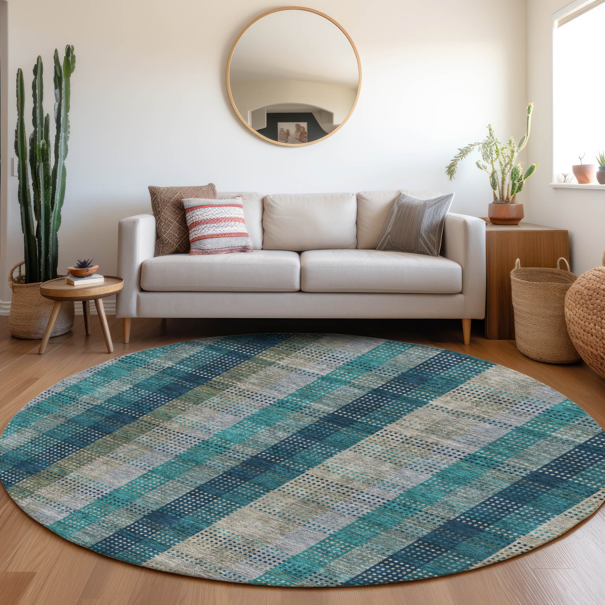 Lisbon Machine Washable Transitional Teal Rug 8' x 8' #shape_Round
