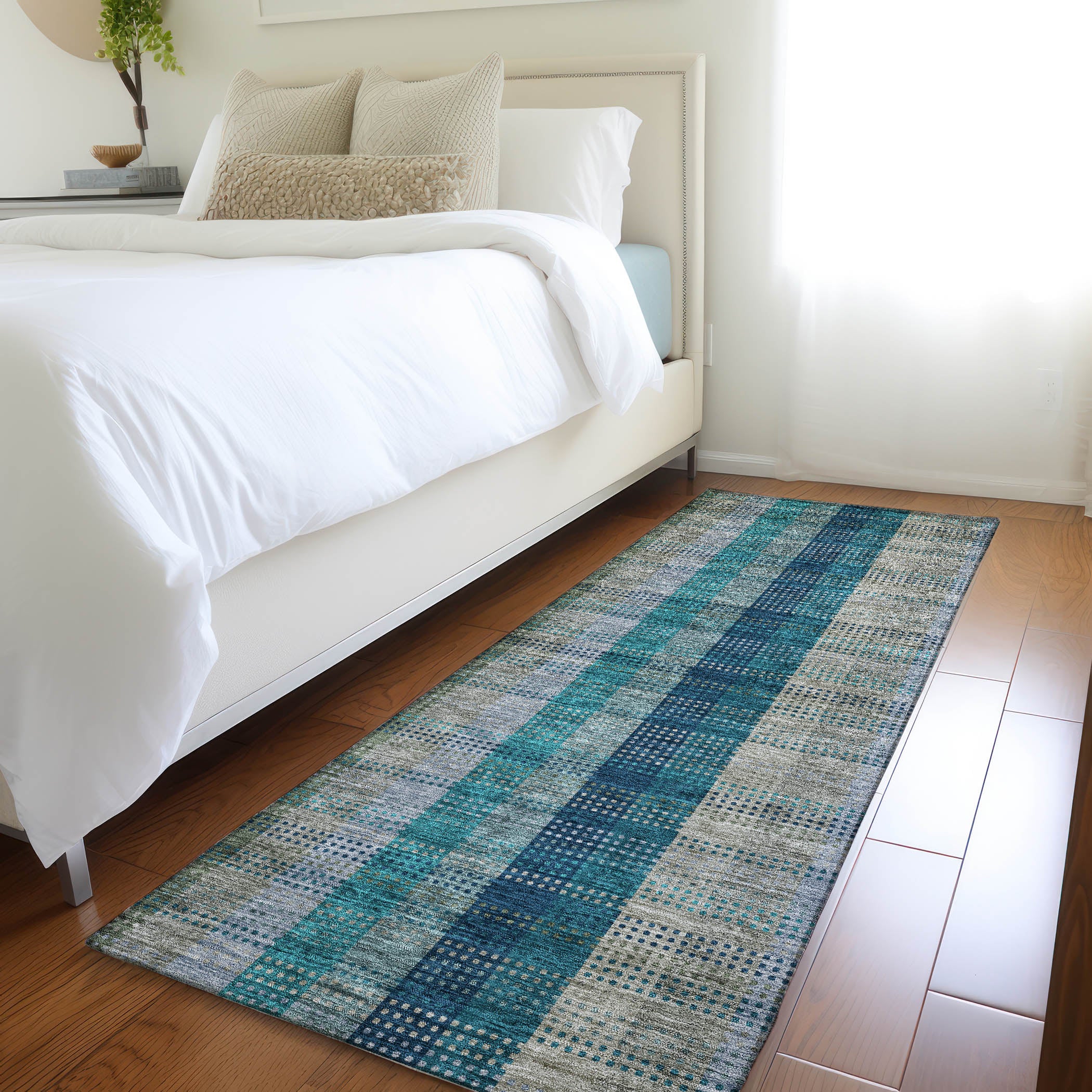 Lisbon Machine Washable Transitional Teal Rug 2'3" x 7'6" #shape_Runner