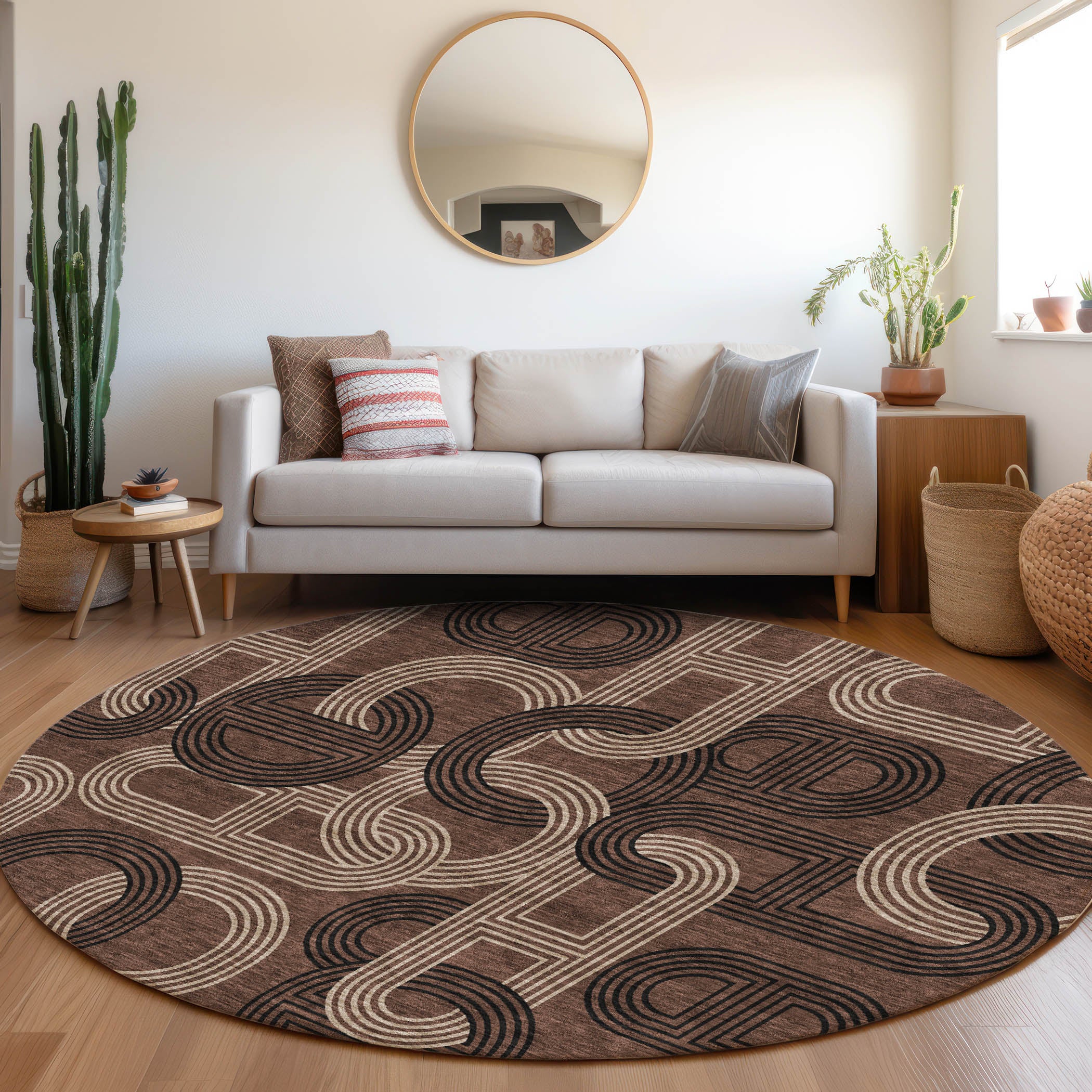 Bruges Machine Washable Transitional Chocolate Brown Rug 8' x 8' #shape_Round