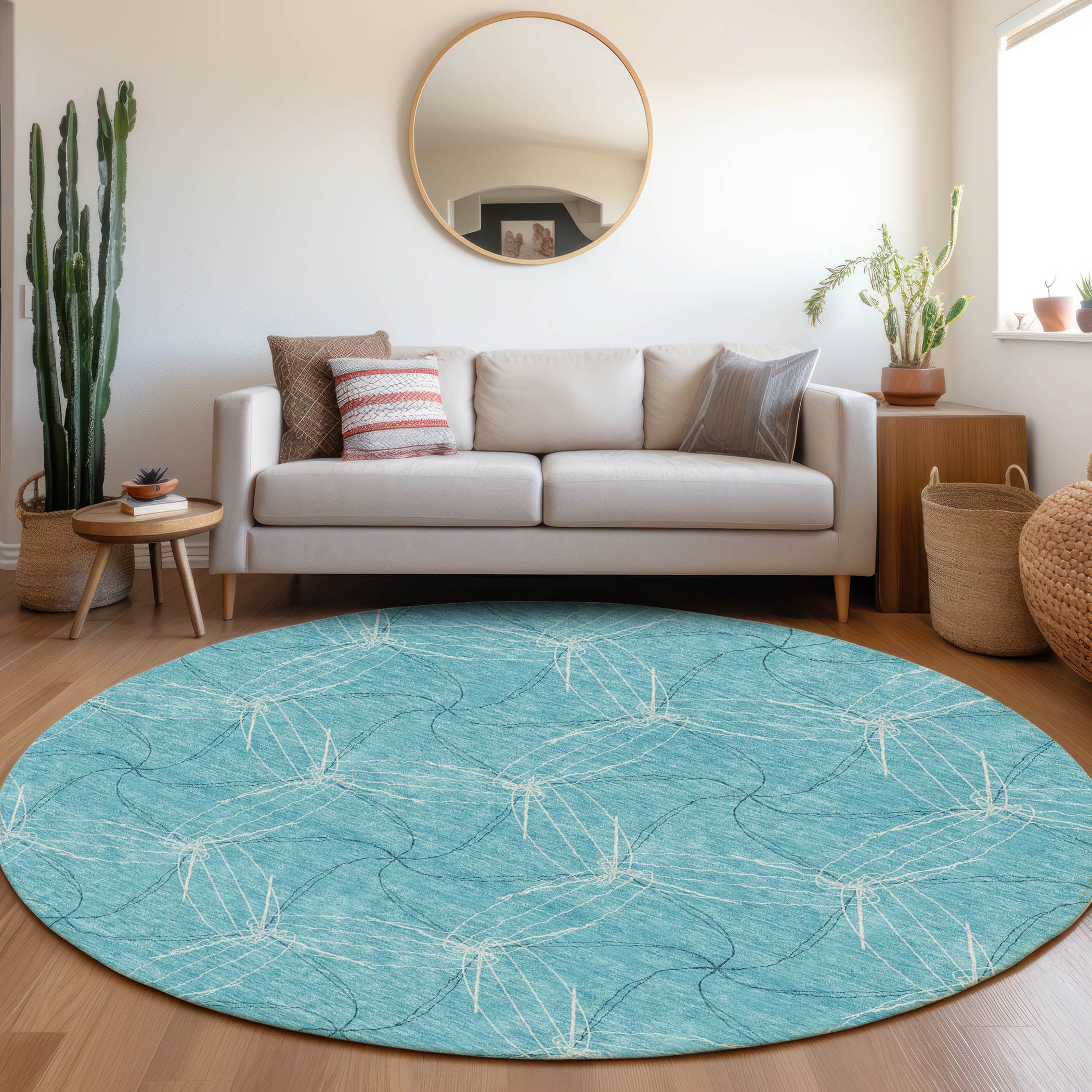 Bangkok Machine Washable Transitional Aqua Teal Rug 8' x 8' #shape_Round