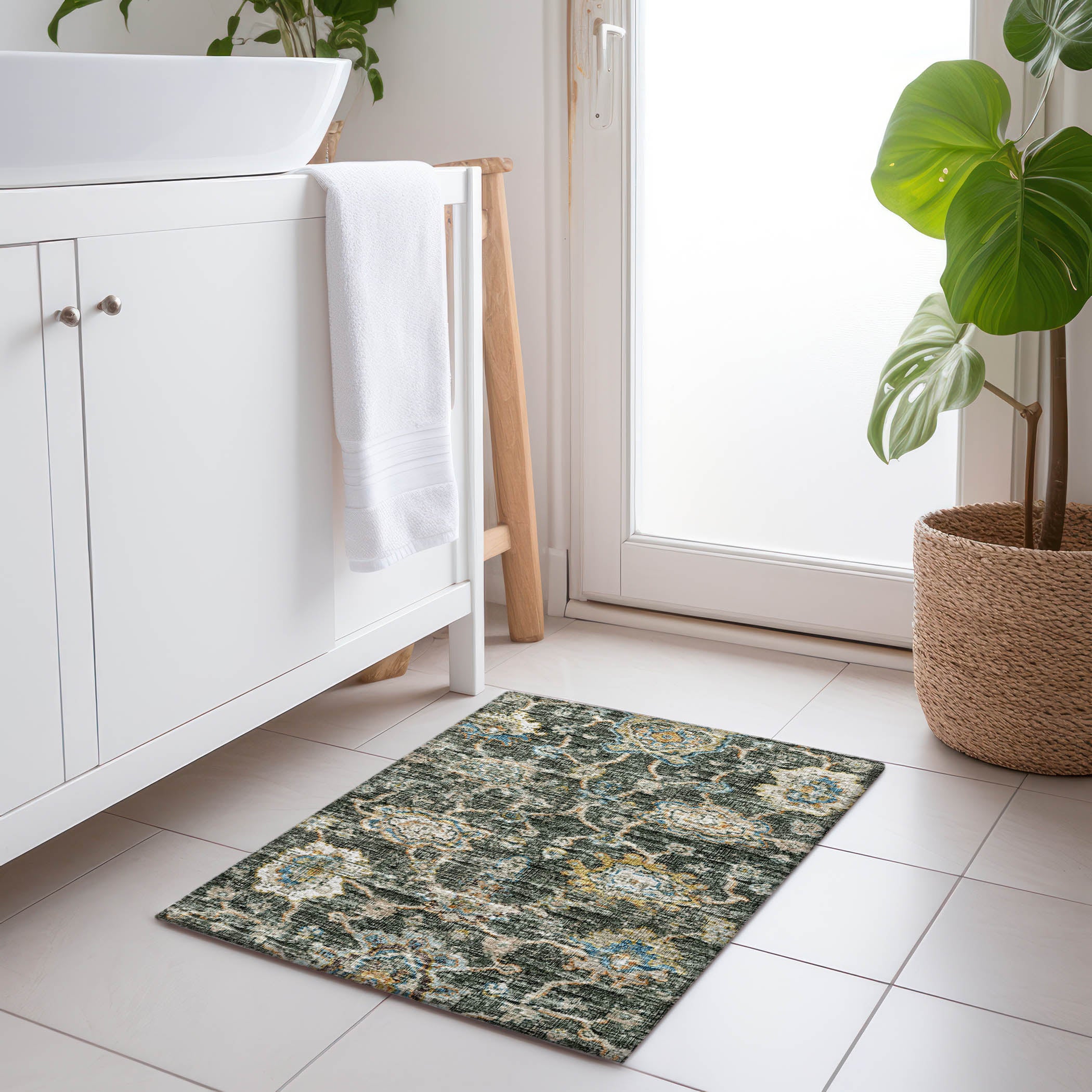 Sarajevo Machine Washable Traditional Forest Green Rug 1'8" x 2'6" #shape_Rectangle