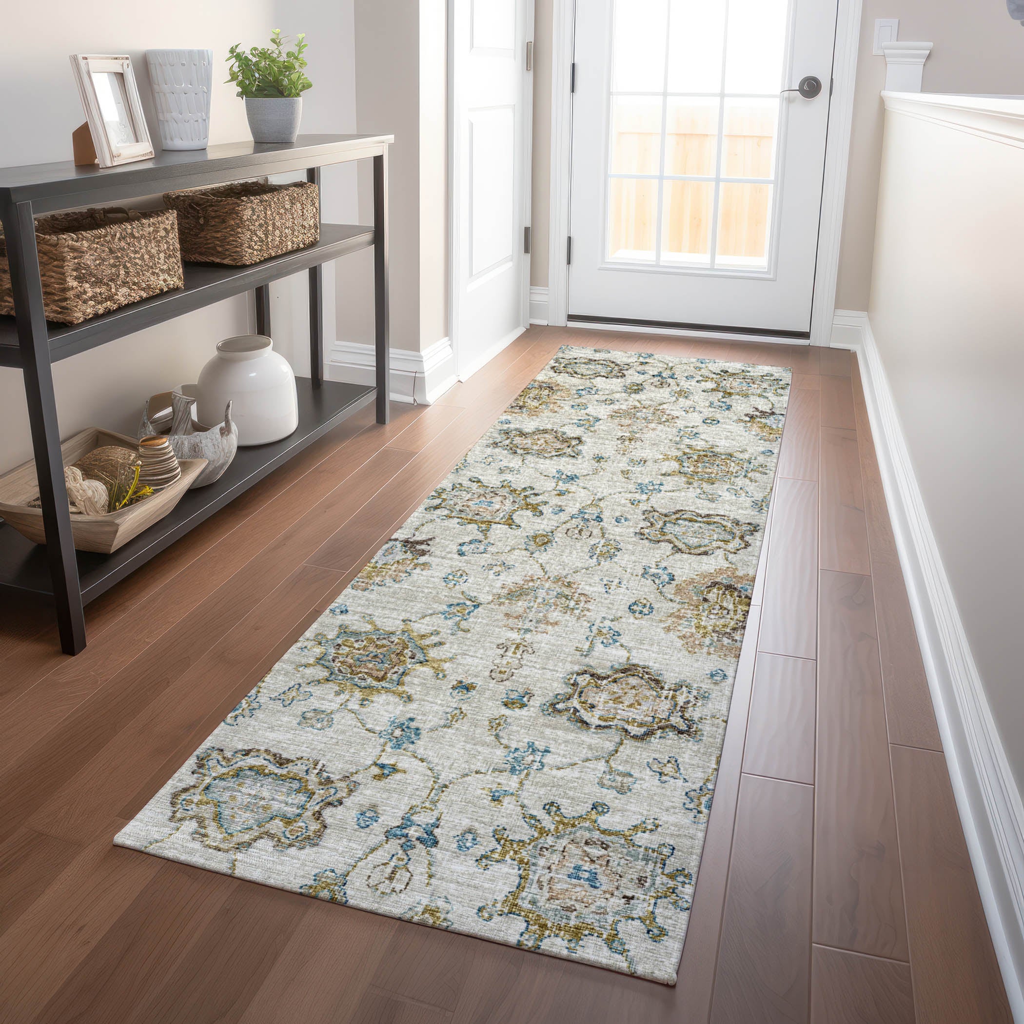 Sarajevo Machine Washable Traditional Linen Blue Rug 2'3" x 7'6" #shape_Runner