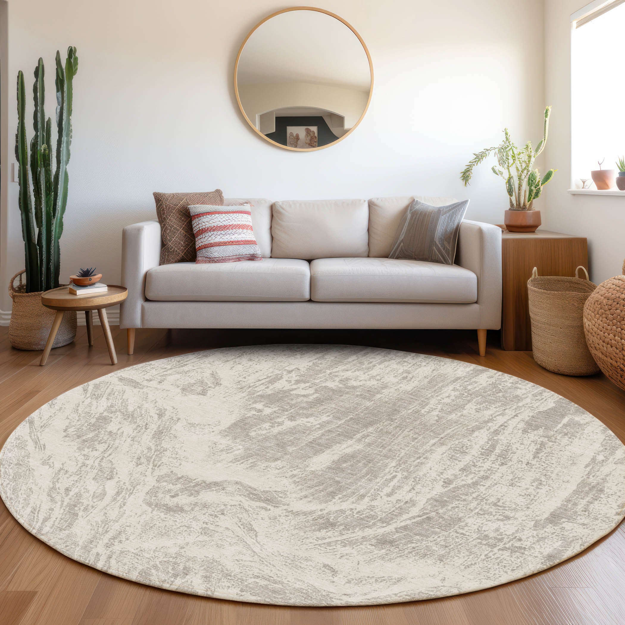 Oaxaca Machine Washable Transitional Beige Brown Rug 8' x 8' #shape_Round