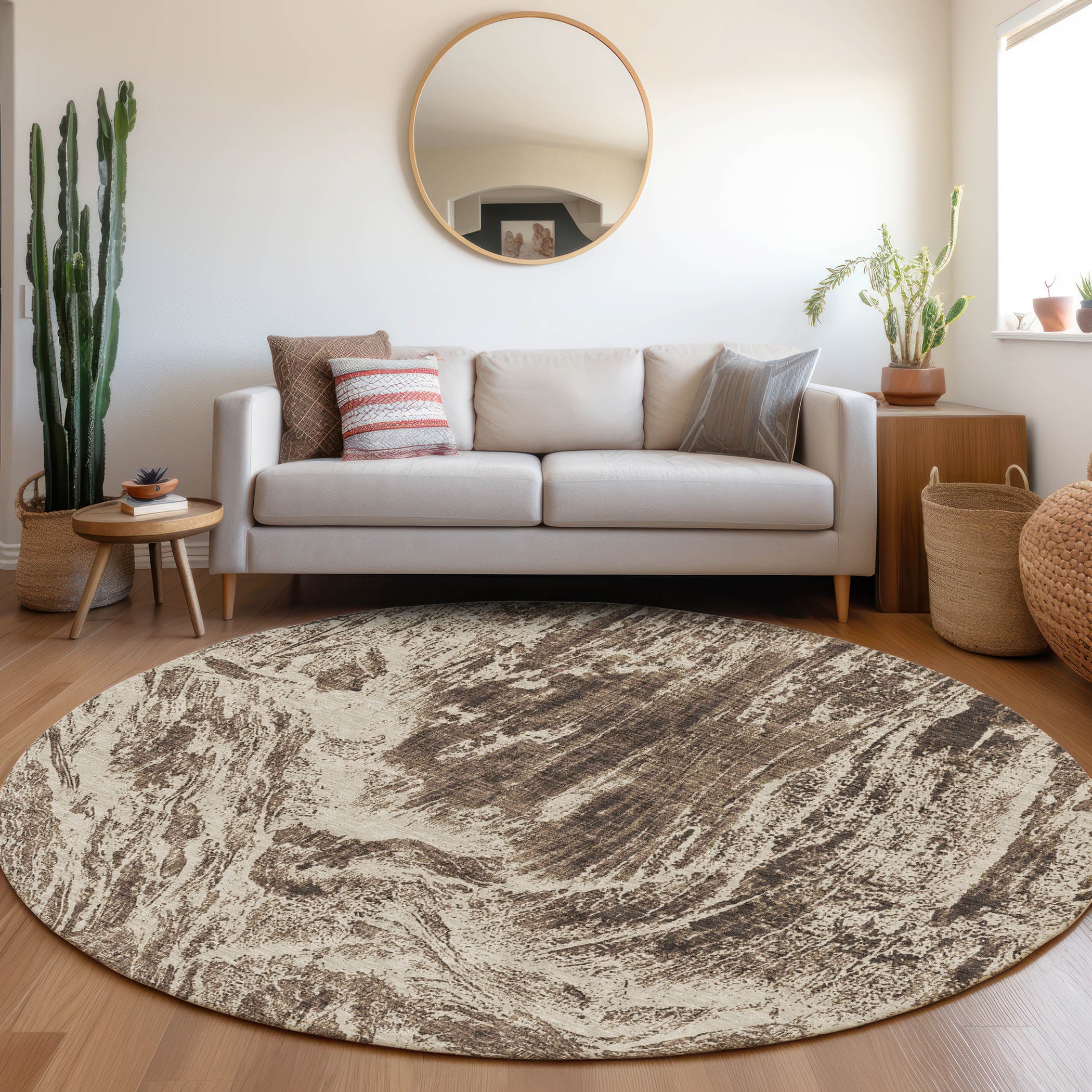 Oaxaca Machine Washable Transitional Brown Rug 8' x 8' #shape_Round
