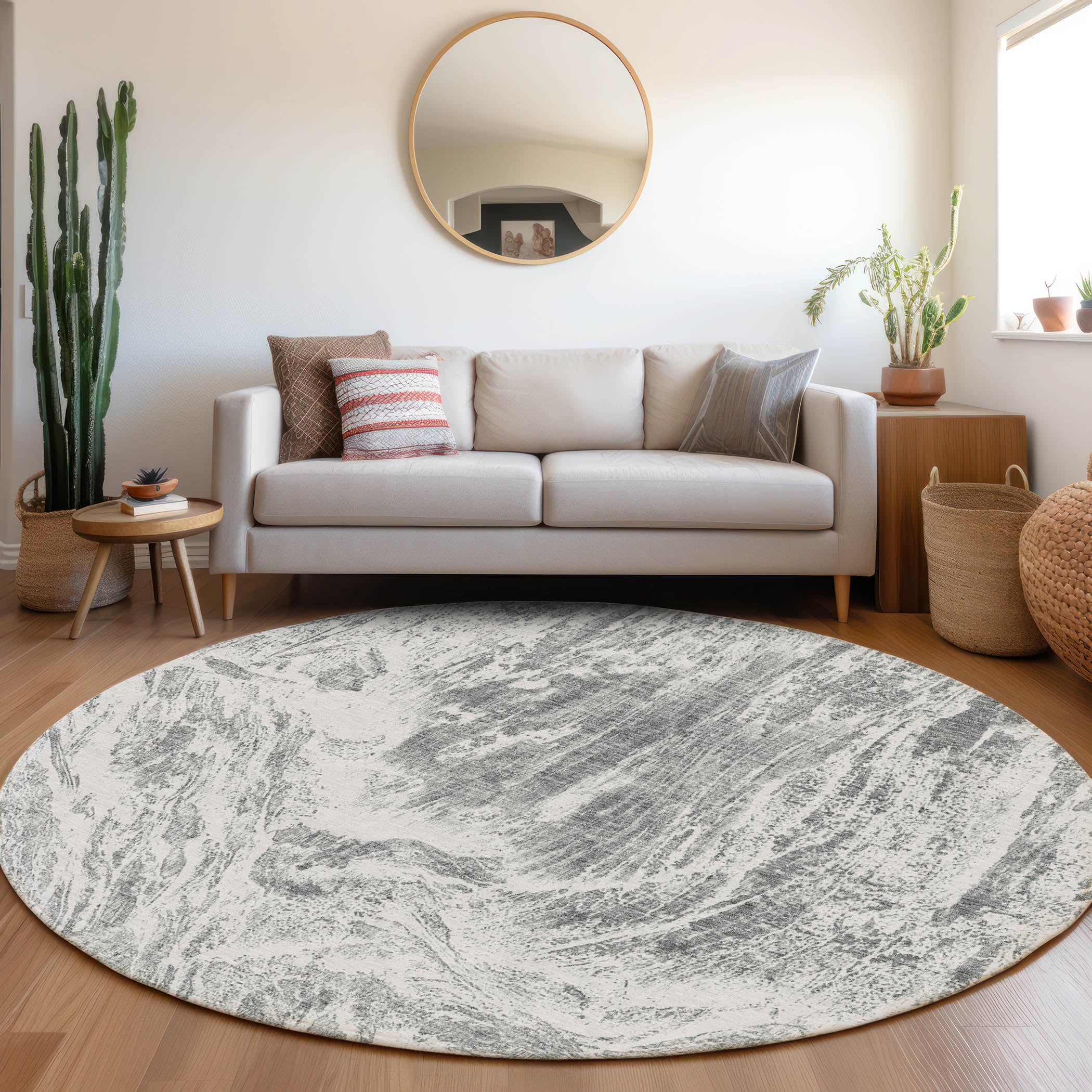 Oaxaca Machine Washable Transitional Gray Rug 8' x 8' #shape_Round