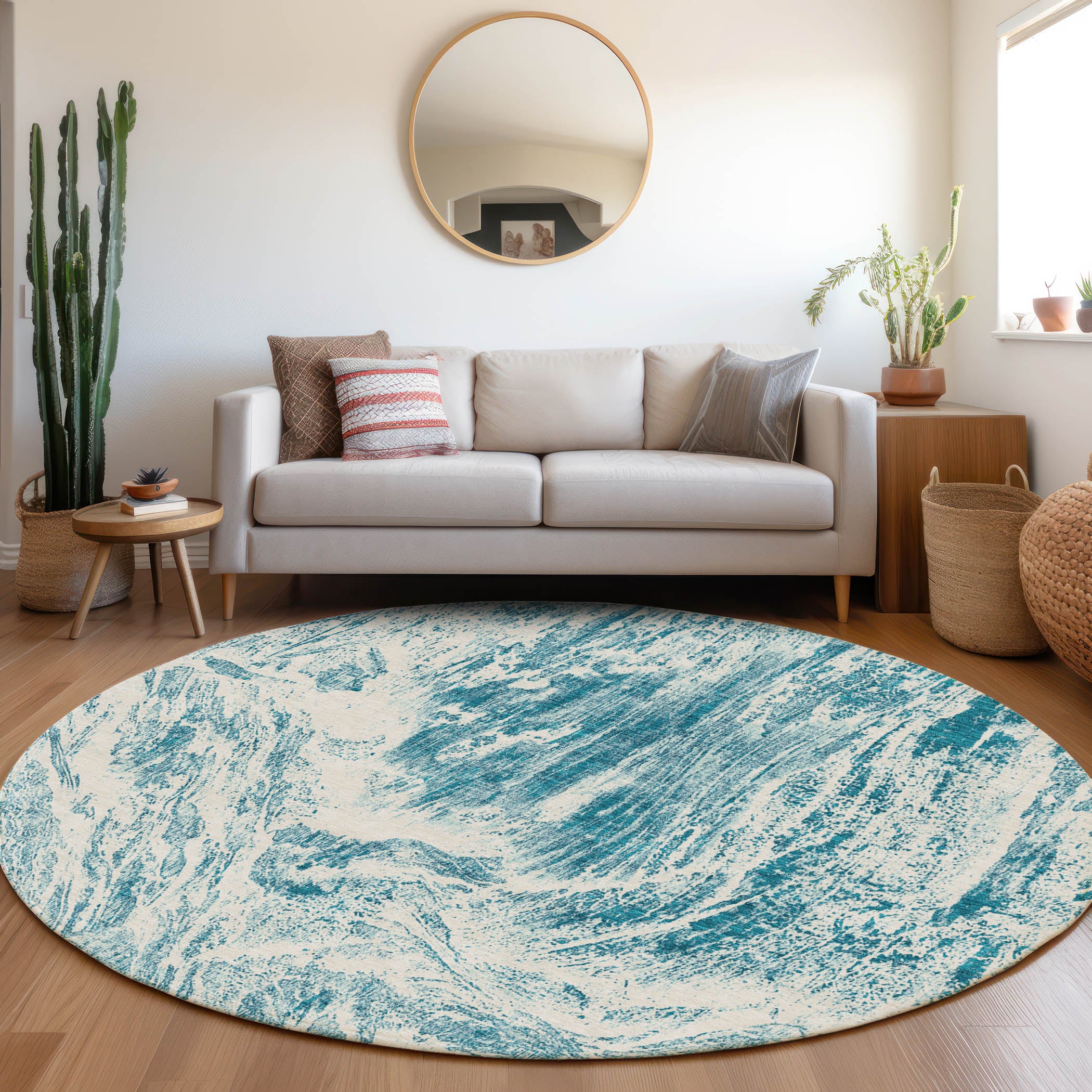 Oaxaca Machine Washable Transitional Teal Rug 8' x 8' #shape_Round