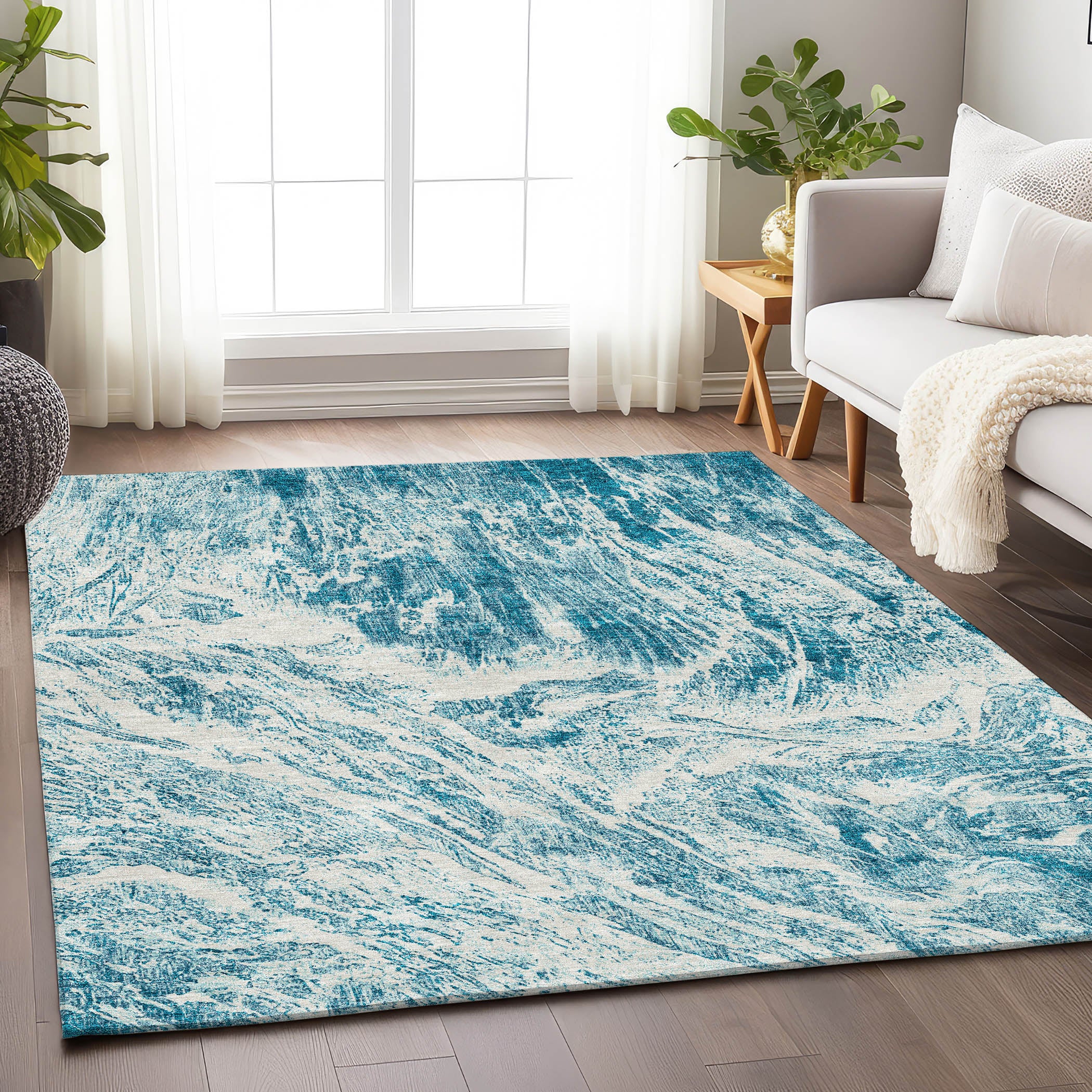 Oaxaca Machine Washable Transitional Teal Rug 2'6" x 3'10" #shape_Rectangle