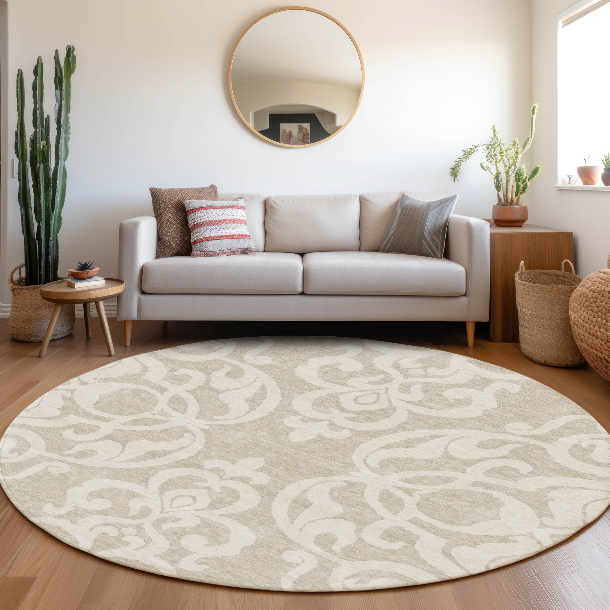 Lisbon Machine Washable Transitional Beige Brown Rug 8' x 8' #shape_Round