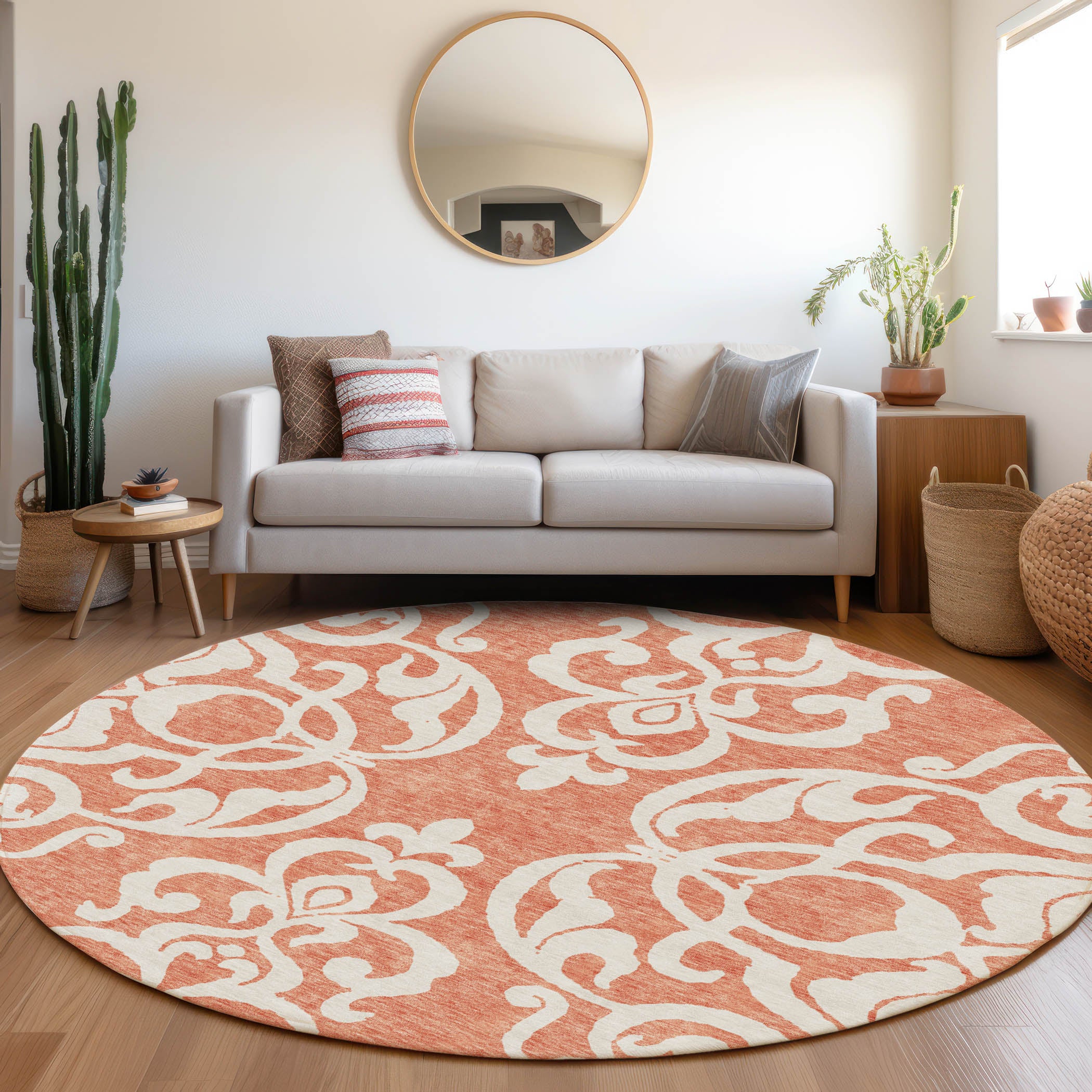 Lisbon Machine Washable Transitional Coral Orange Rug 8' x 8' #shape_Round