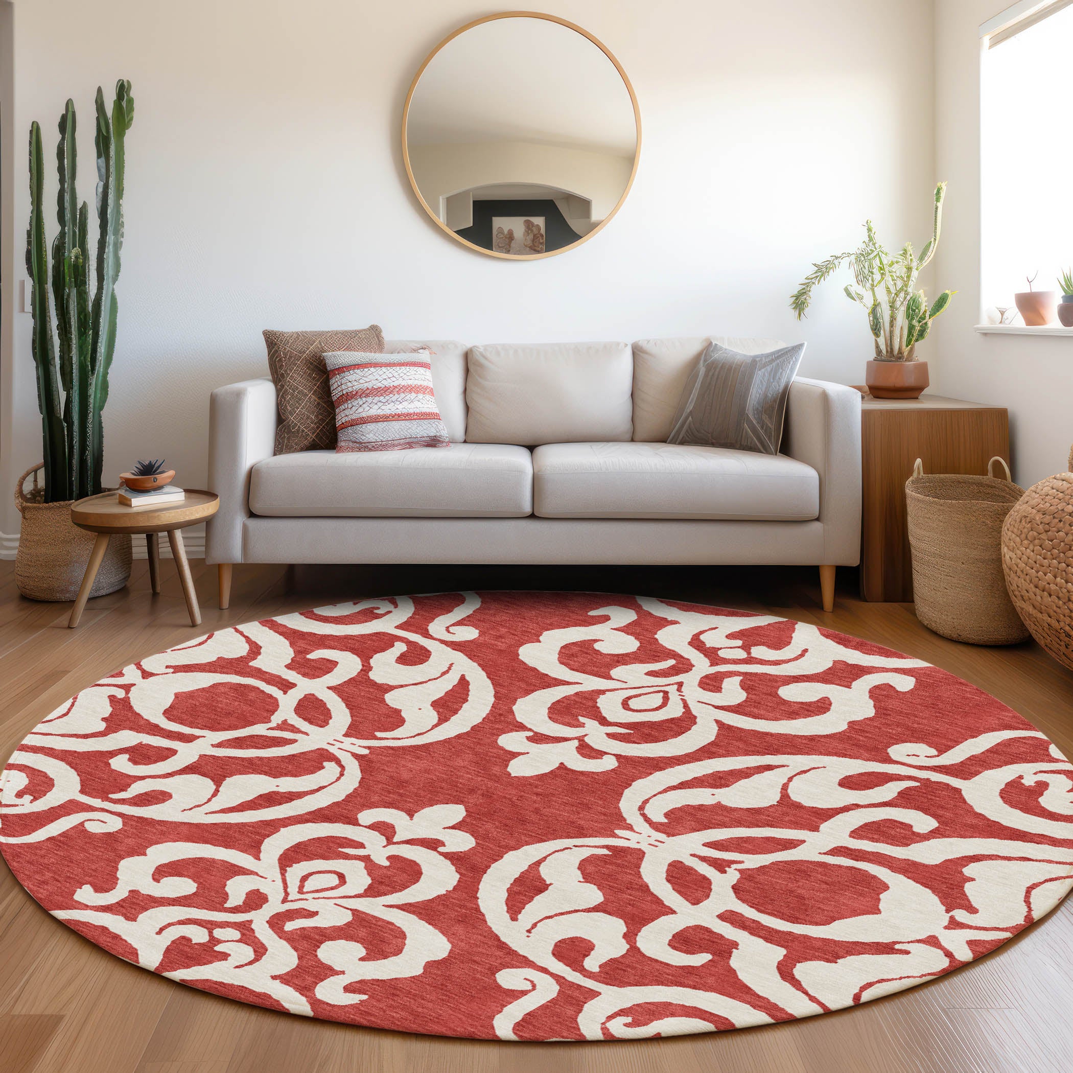 Lisbon Machine Washable Transitional Red Rug 8' x 8' #shape_Round