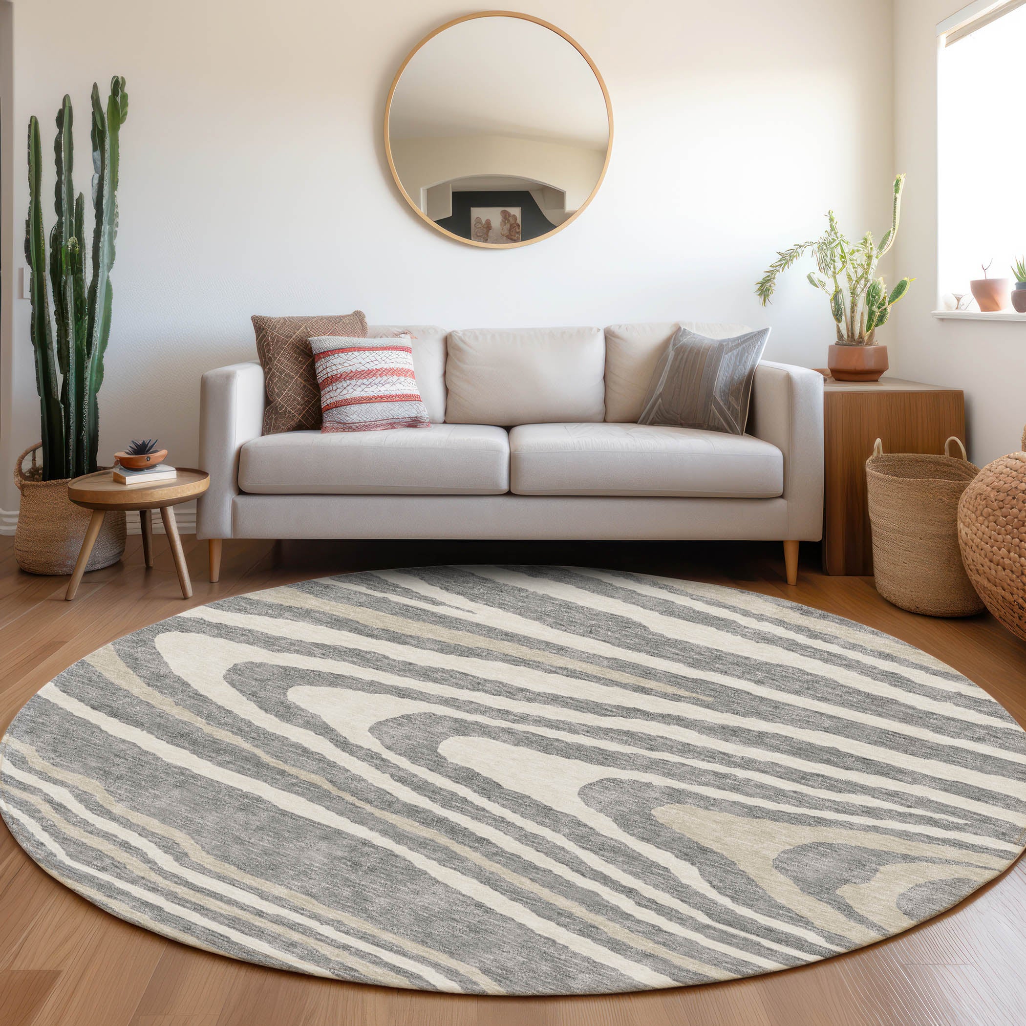 Queenstown Machine Washable Transitional Gray Rug 8' x 8' #shape_Round