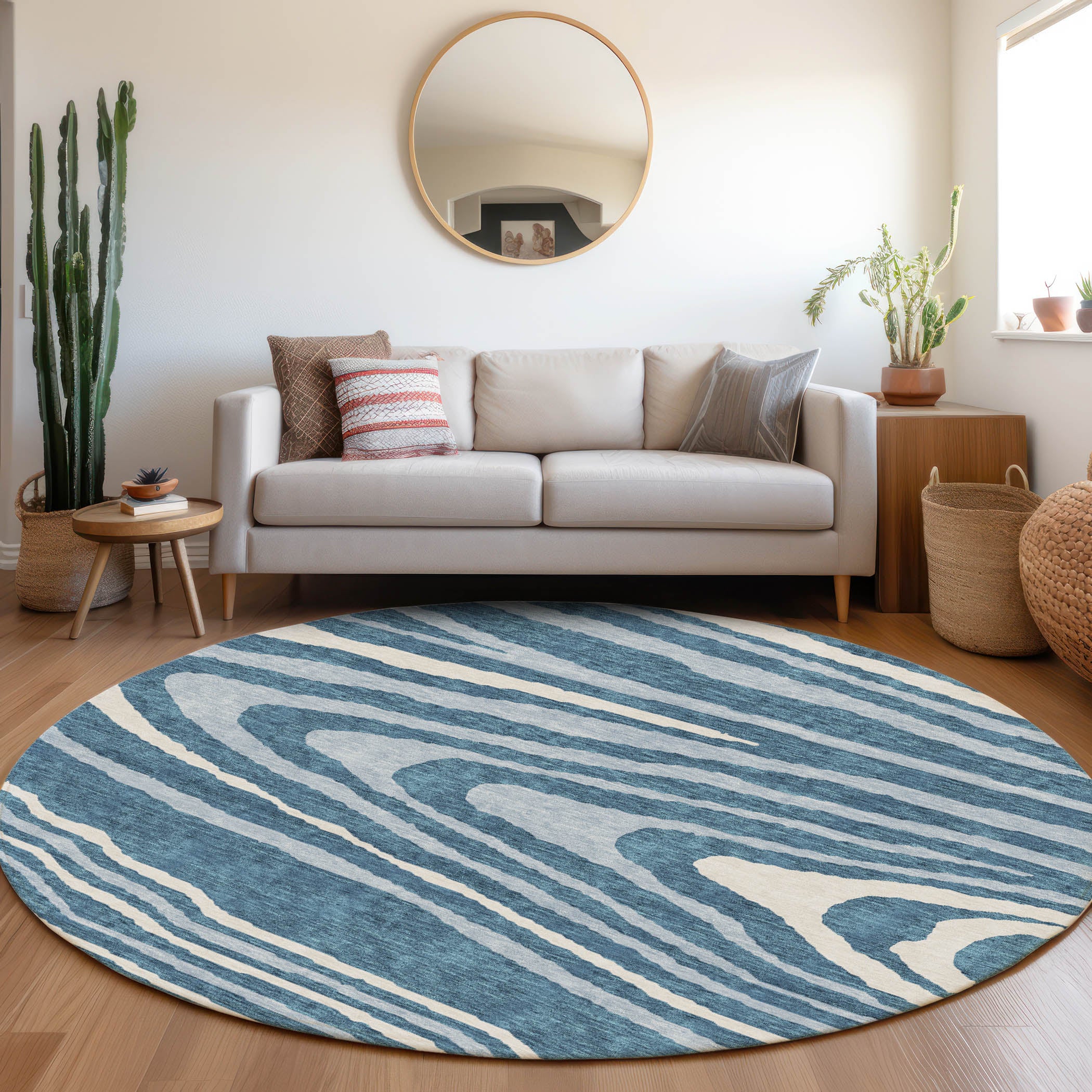 Queenstown Machine Washable Transitional Navy Blue Rug 8' x 8' #shape_Round