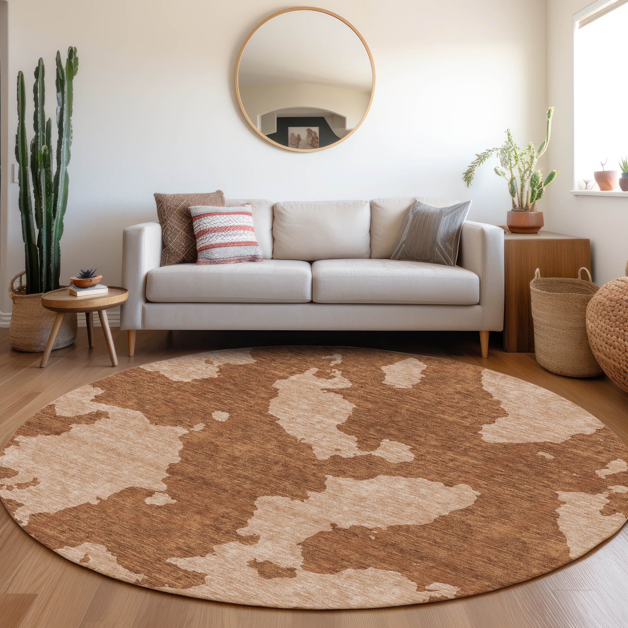 Lima Machine Washable Transitional Terracotta Orange Rug 8' x 8' #shape_Round