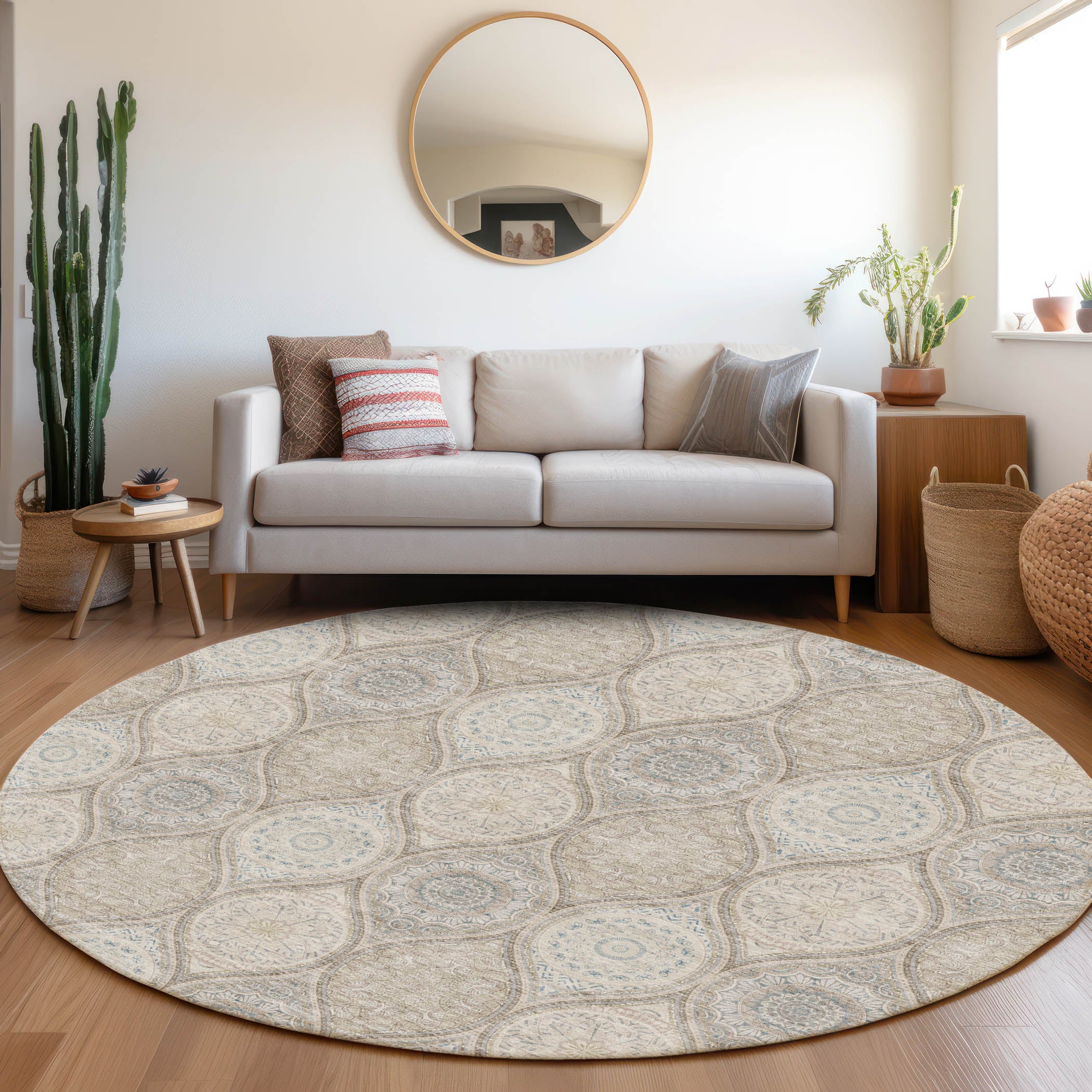 Ghent Machine Washable Transitional Taupe Brown Rug 8' x 8' #shape_Round