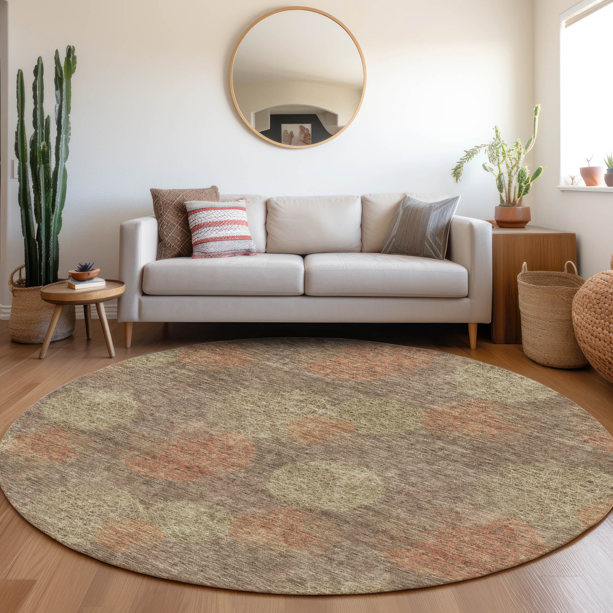 Santorini Machine Washable Transitional Brown Rug 8' x 8' #shape_Round