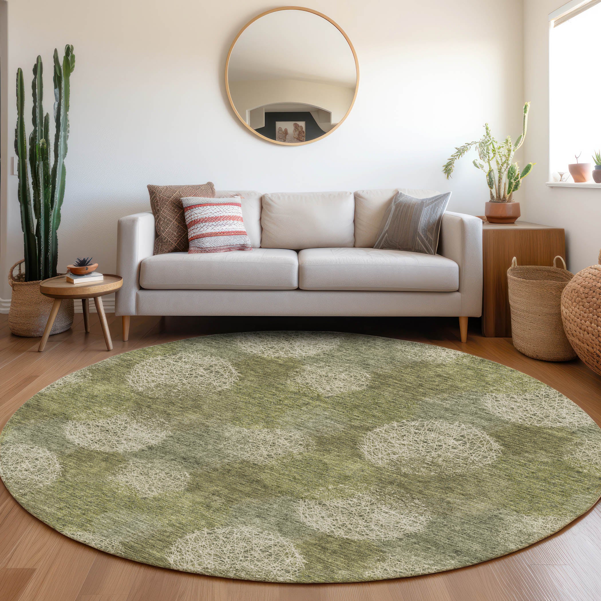 Santorini Machine Washable Transitional Green Rug 8' x 8' #shape_Round