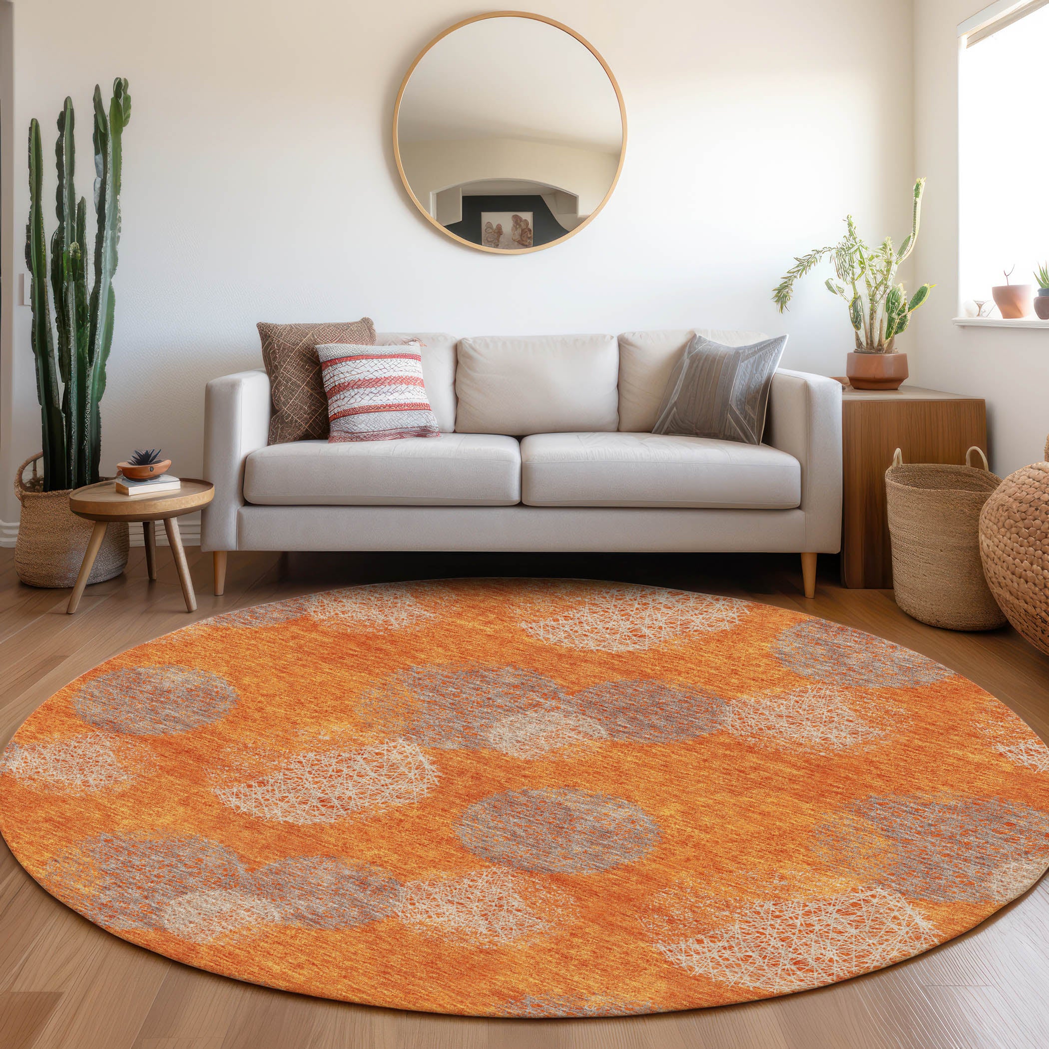 Santorini Machine Washable Transitional Orange Rug 8' x 8' #shape_Round