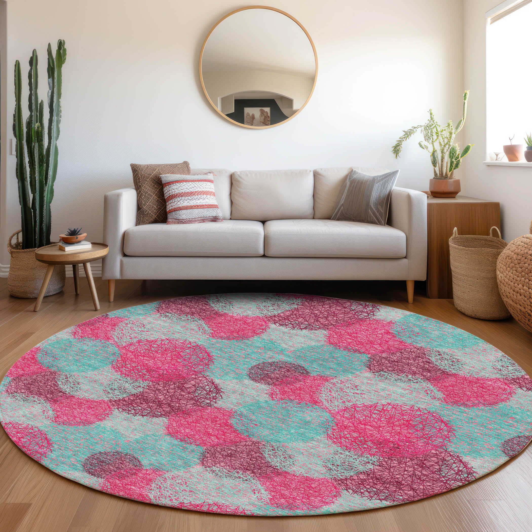 Santorini Machine Washable Transitional Pink Rug 8' x 8' #shape_Round