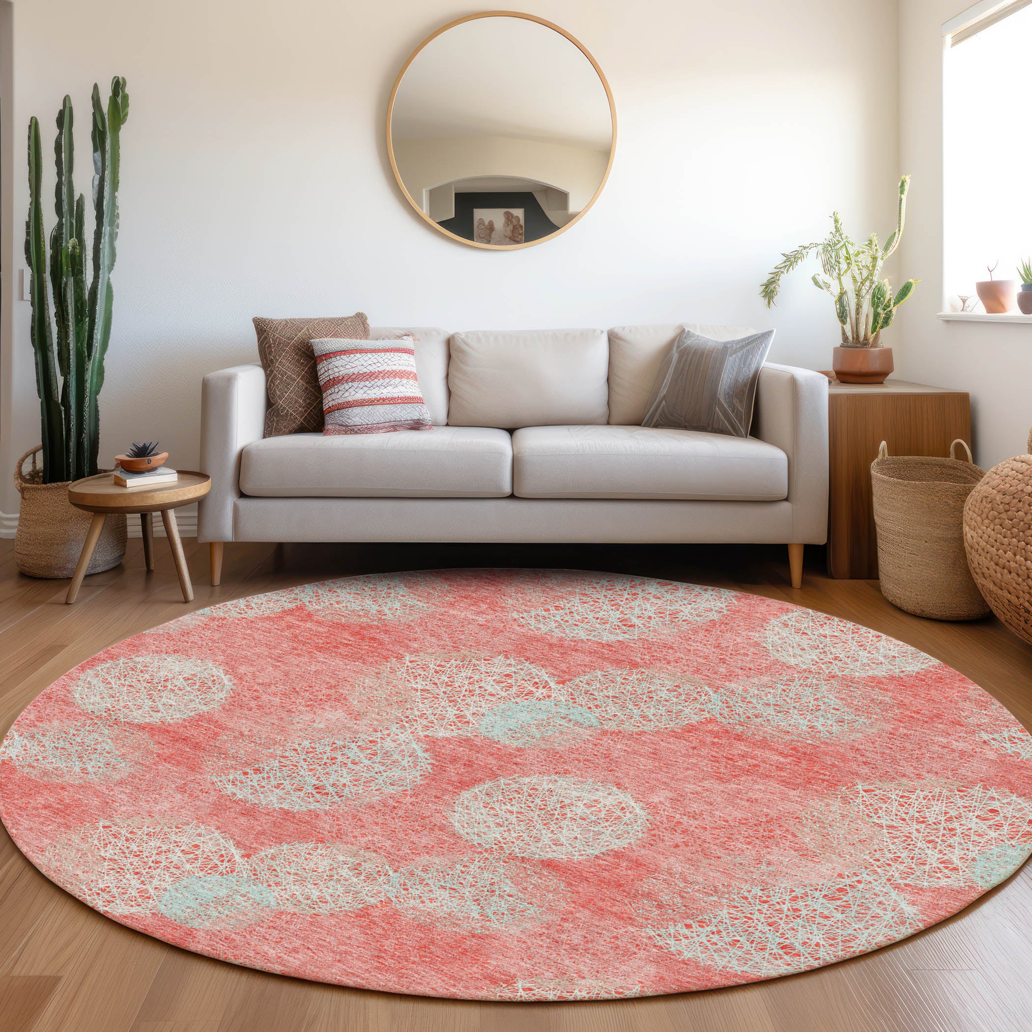 Santorini Machine Washable Transitional Salmon Orange Rug 8' x 8' #shape_Round