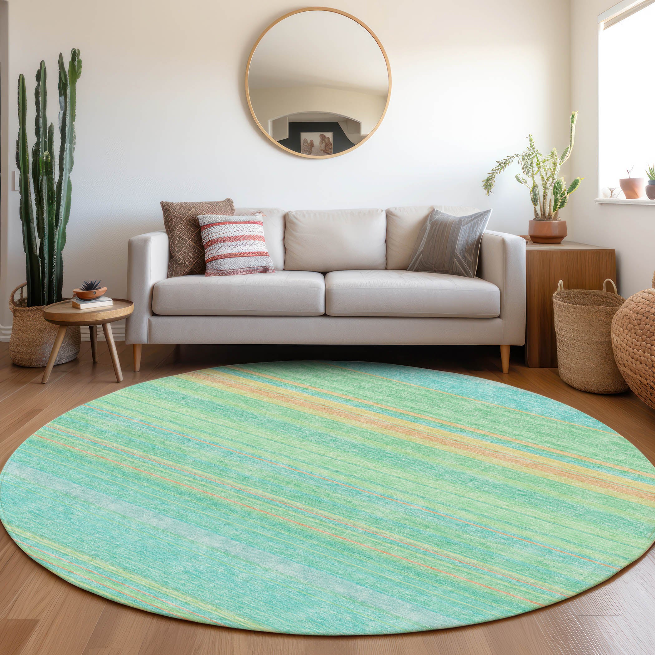 Santorini Machine Washable Transitional Aqua Teal Rug 8' x 8' #shape_Round