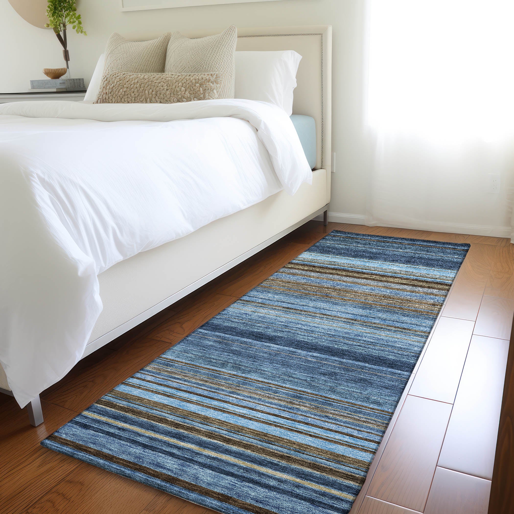 Santorini Machine Washable Transitional Navy Blue Rug 2'3" x 7'6" #shape_Runner