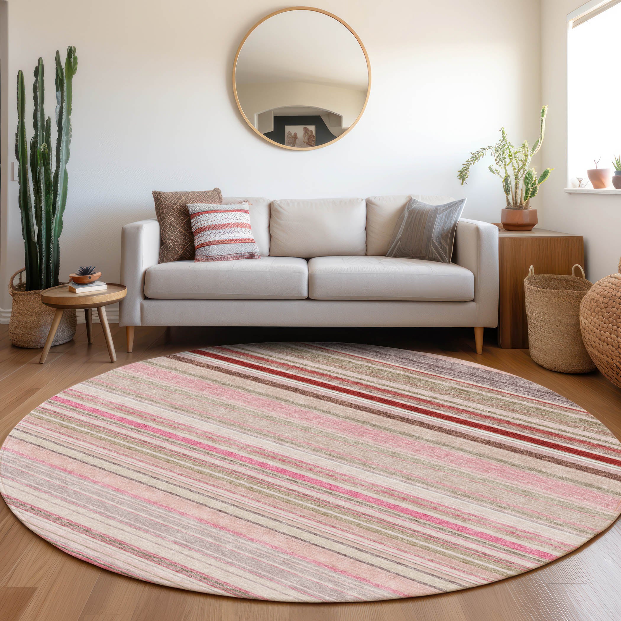 Santorini Machine Washable Transitional Pink Rug 8' x 8' #shape_Round