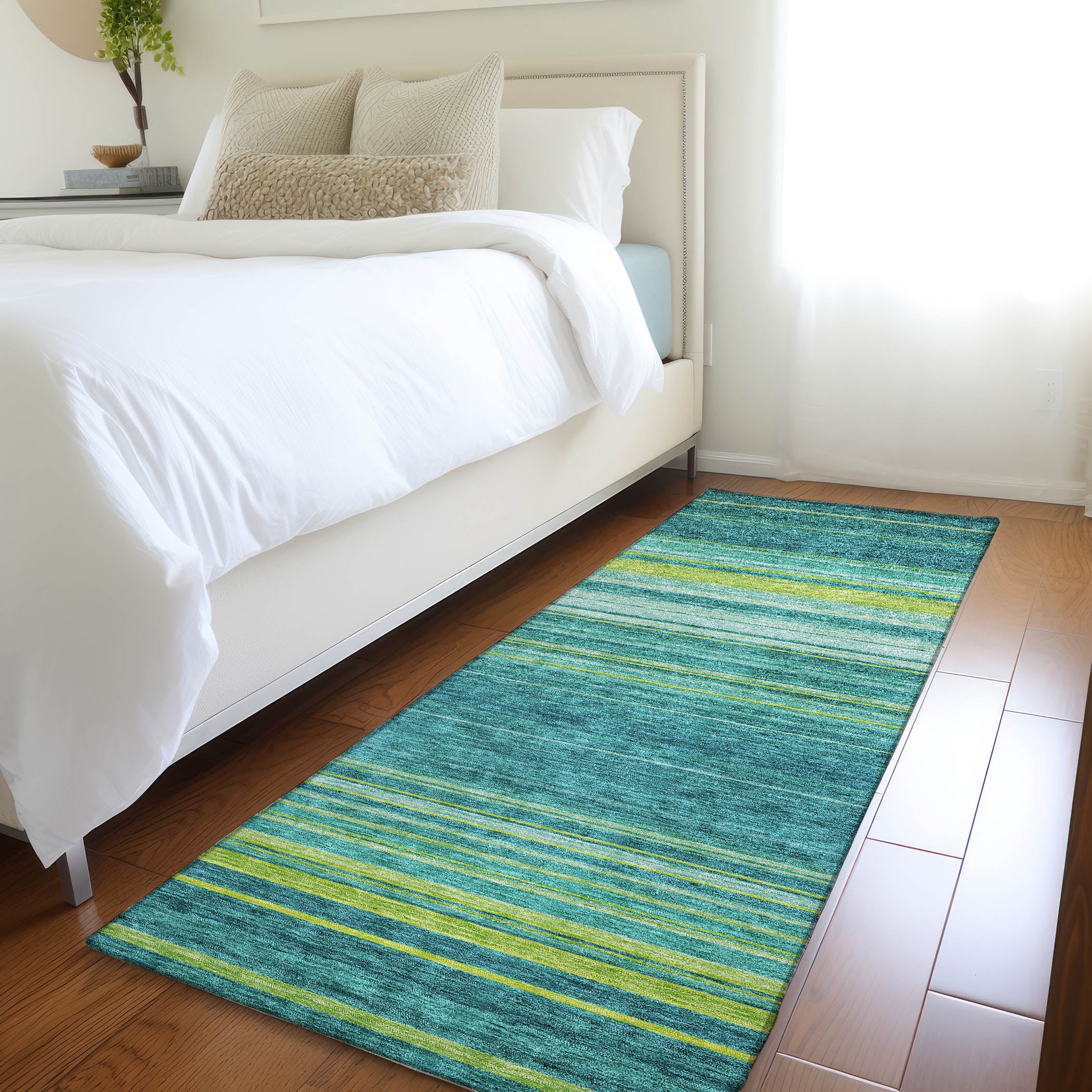 Santorini Machine Washable Transitional Teal Rug 2'3" x 7'6" #shape_Runner
