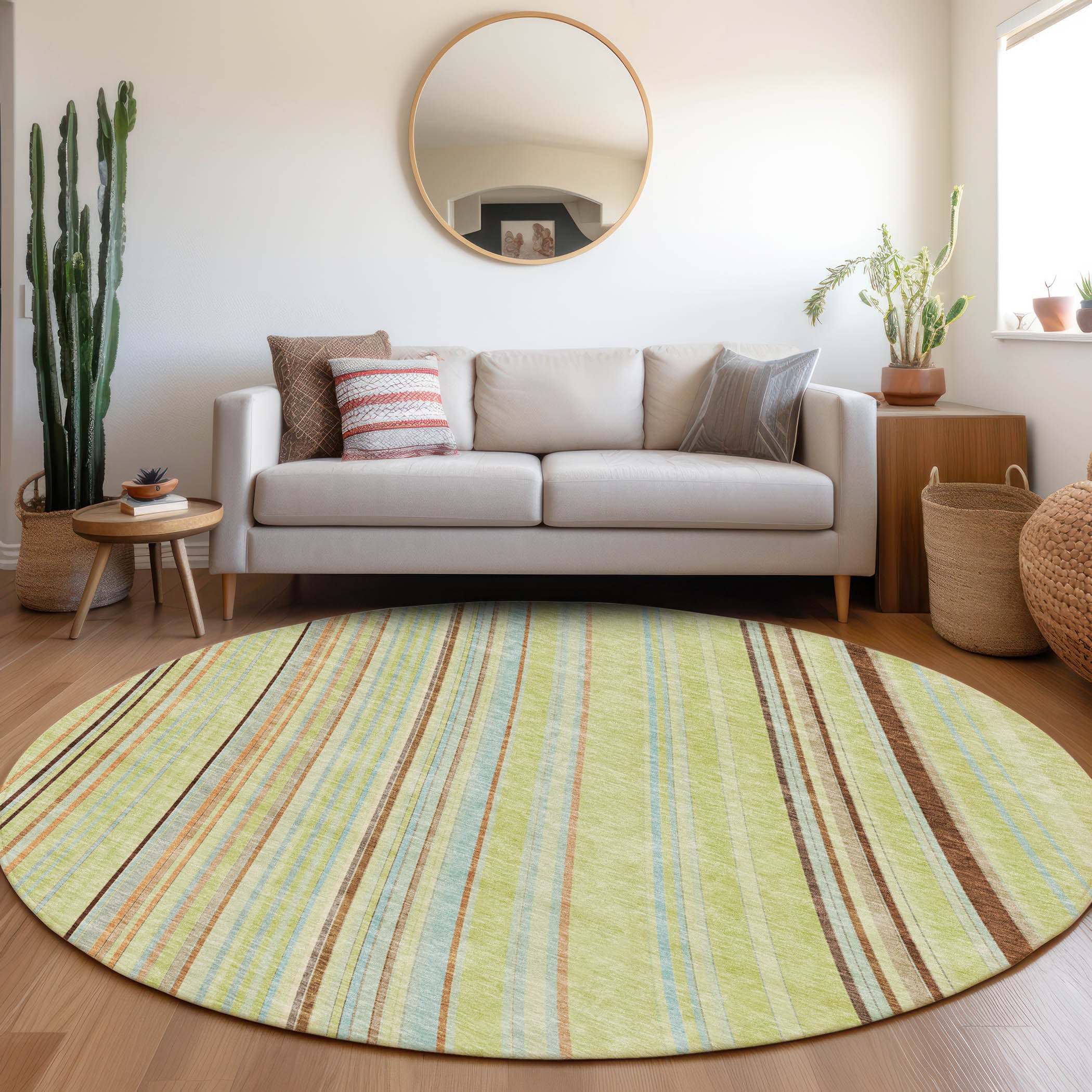 Chiang Mai Machine Washable Transitional Aloe Green Rug 8' x 8' #shape_Round