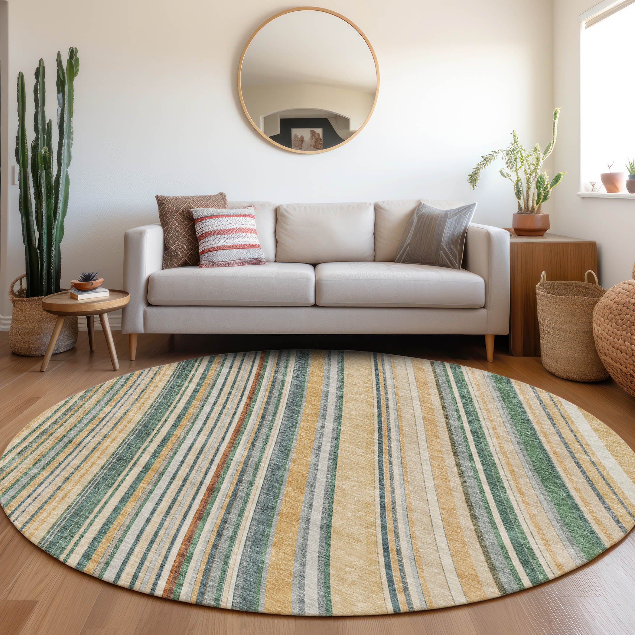 Chiang Mai Machine Washable Transitional Beige Brown Rug 8' x 8' #shape_Round