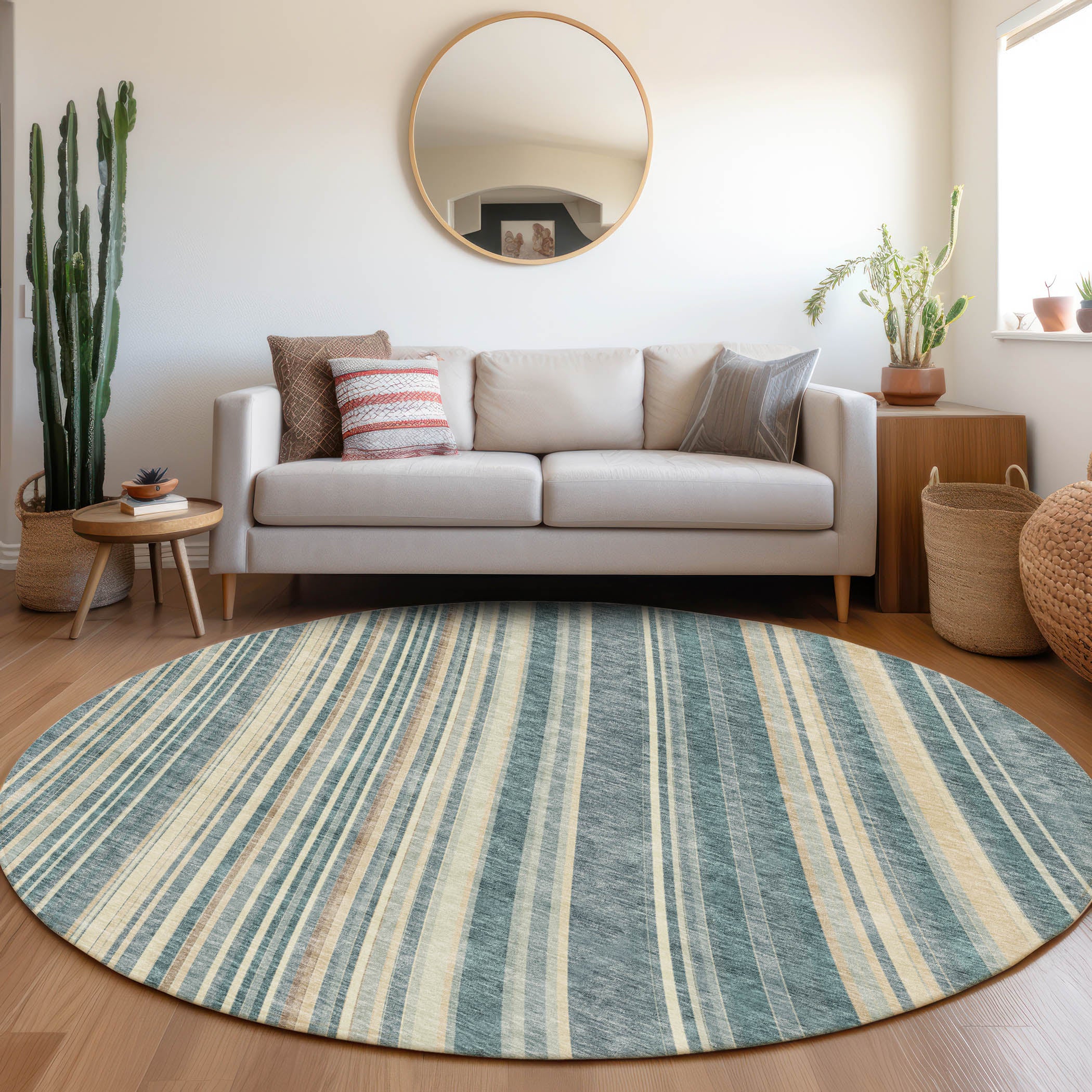 Chiang Mai Machine Washable Transitional Sky Blue Rug 8' x 8' #shape_Round
