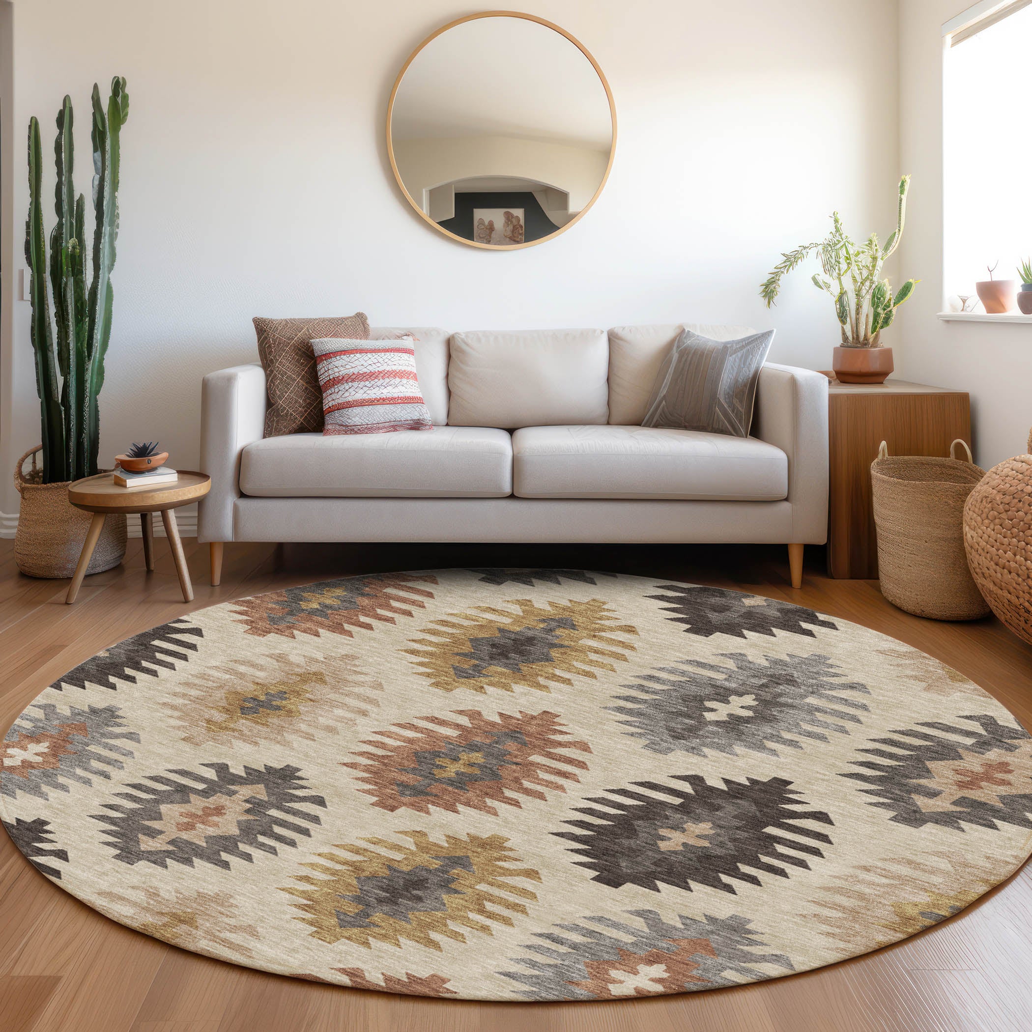 Luang Prabang Machine Washable Transitional Beige Brown Rug 8' x 8' #shape_Round