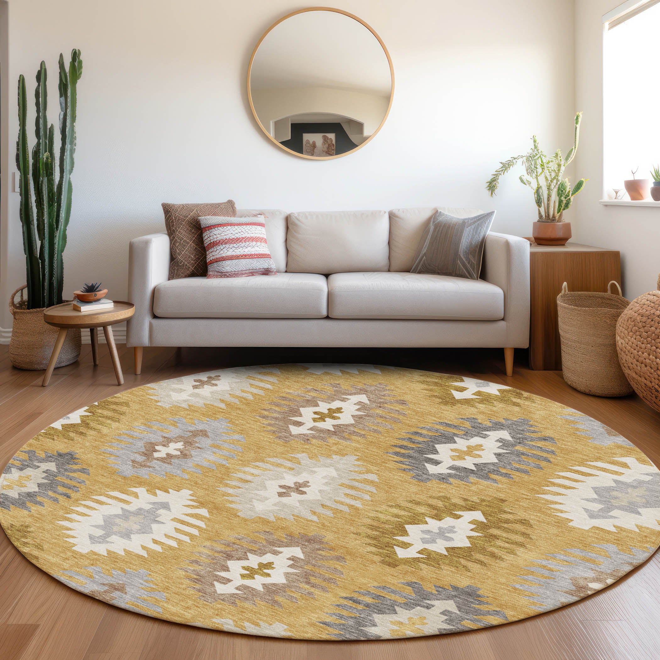 Luang Prabang Machine Washable Transitional Gold Rug 8' x 8' #shape_Round