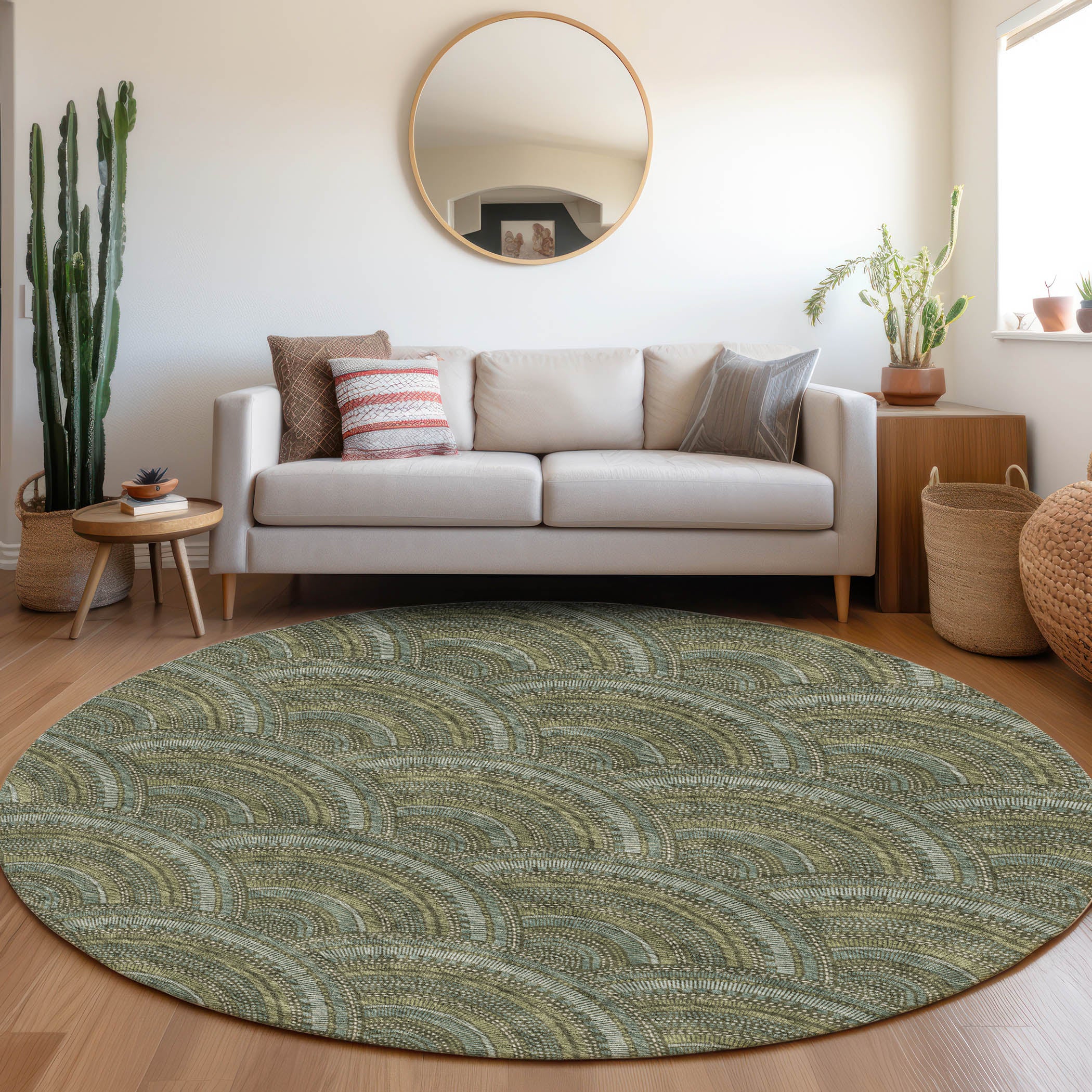 Nairobi Machine Washable Transitional Olive Green Rug 8' x 8' #shape_Round